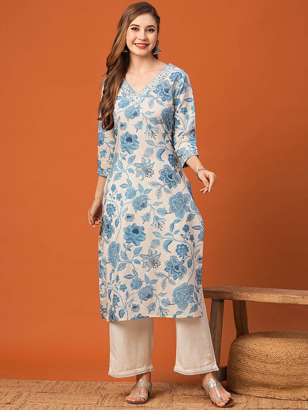 

FASHOR Floral Printed Cotton Straight Kurta, Off white