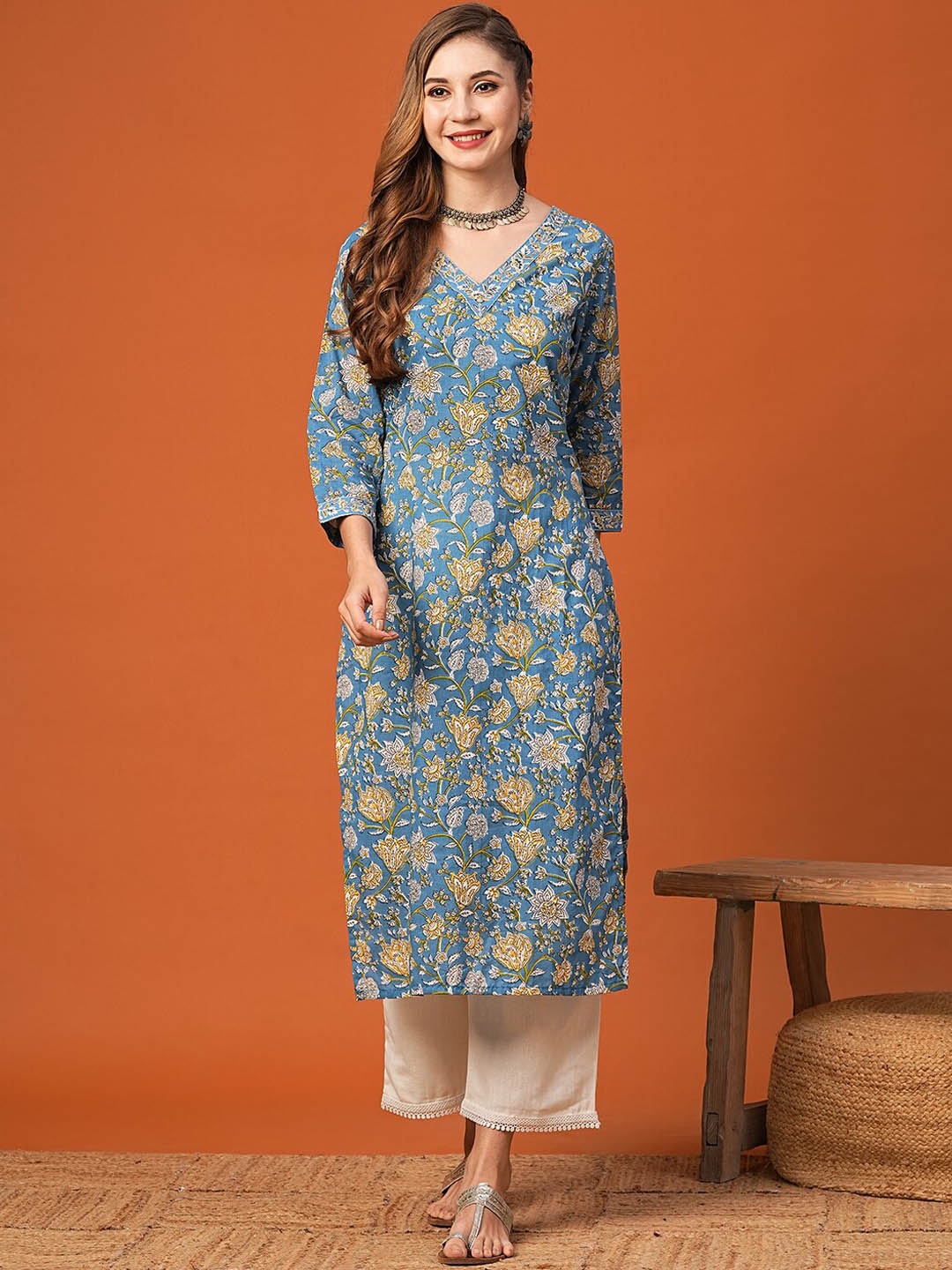 

FASHOR Ethnic Motifs Printed Cotton Straight Kurta, Blue