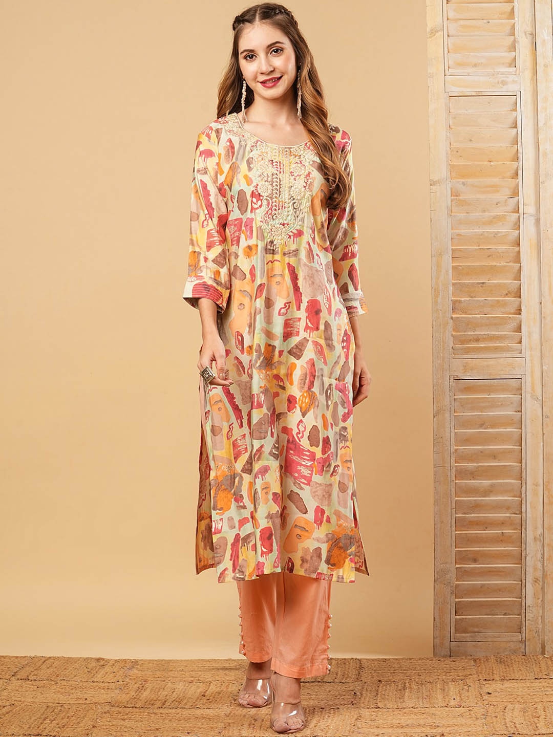 

FASHOR Abstract Printed Round Neck Thread Work Cotton Straight Kurta, Orange