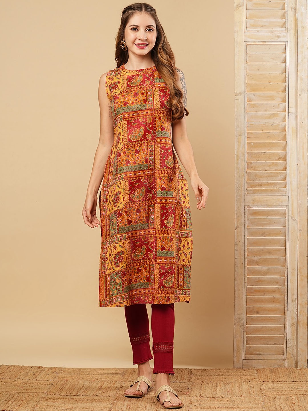 

FASHOR Ethnic Motifs Printed Round Neck A-Line Cotton Kurta, Mustard