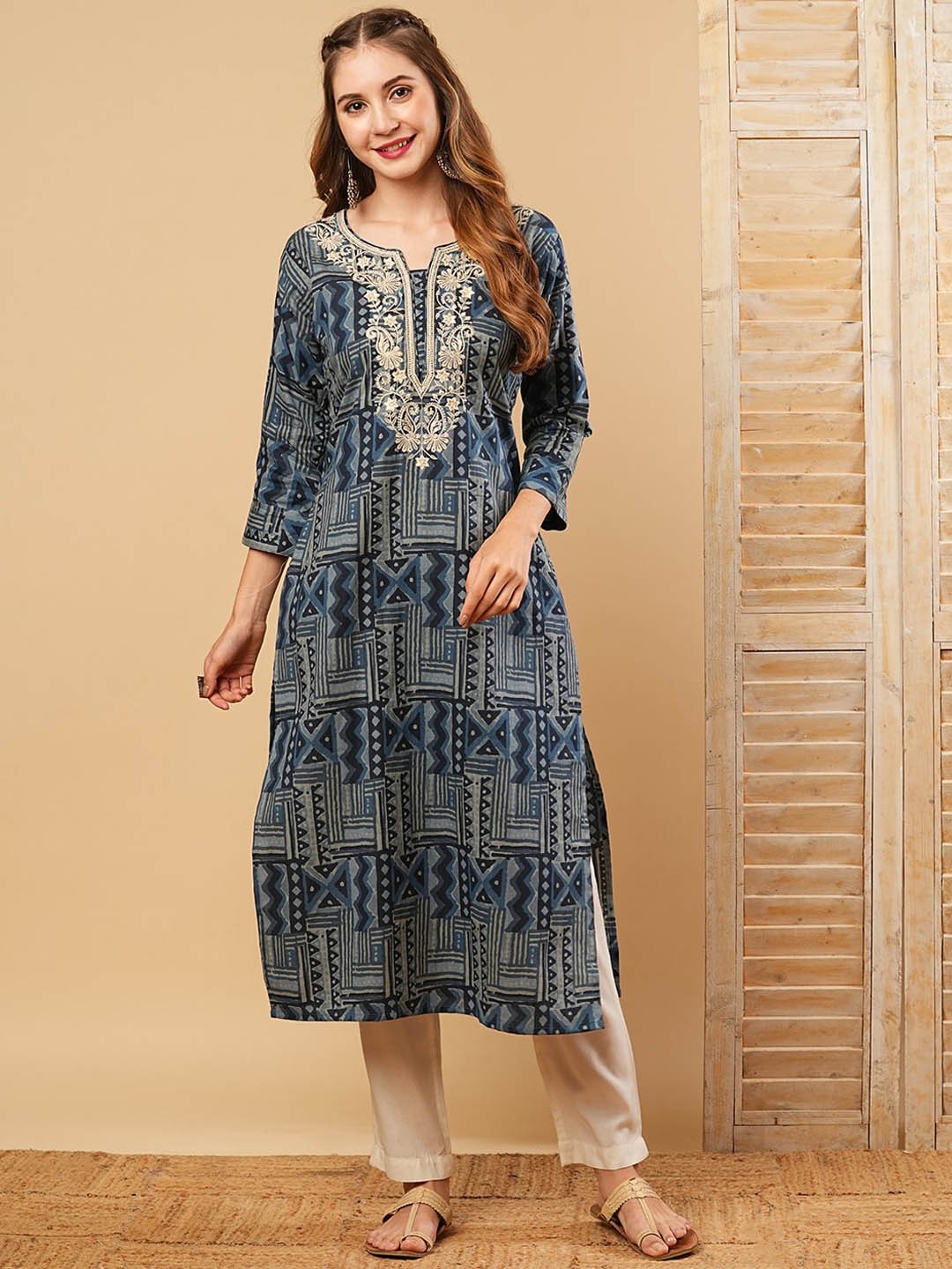 

FASHOR Geometric Printed Cotton Straight Kurta, Blue