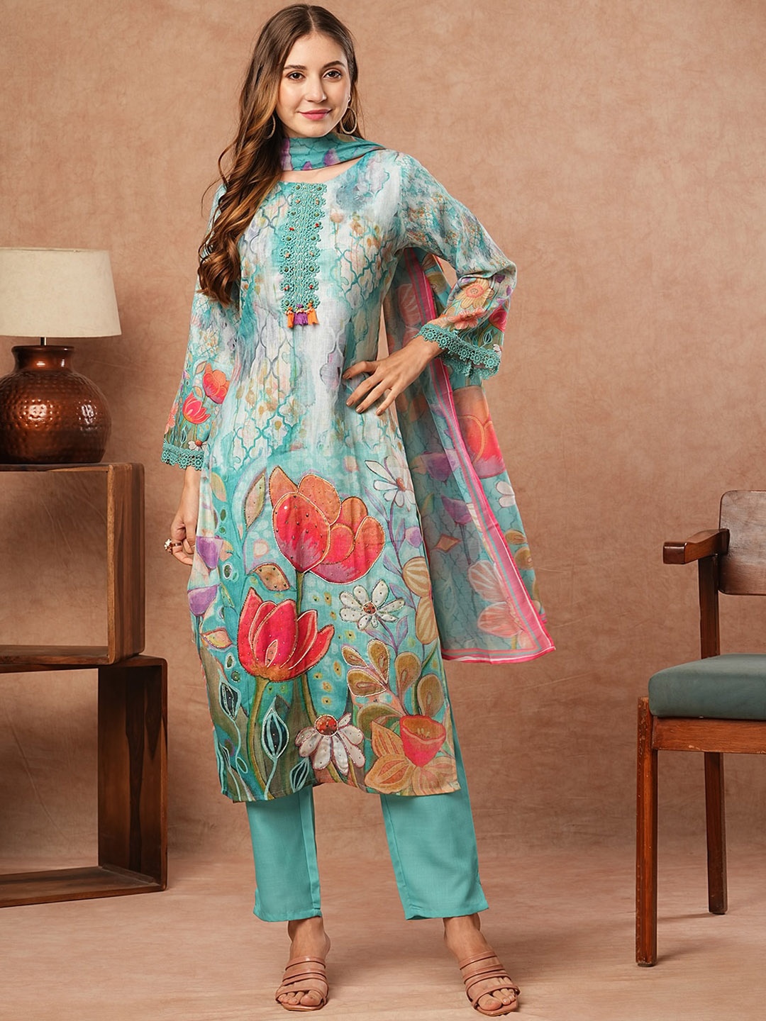 

FASHOR Floral Printed Beads and Stones Linen Straight Kurta with Trousers & Dupatta, Sea green