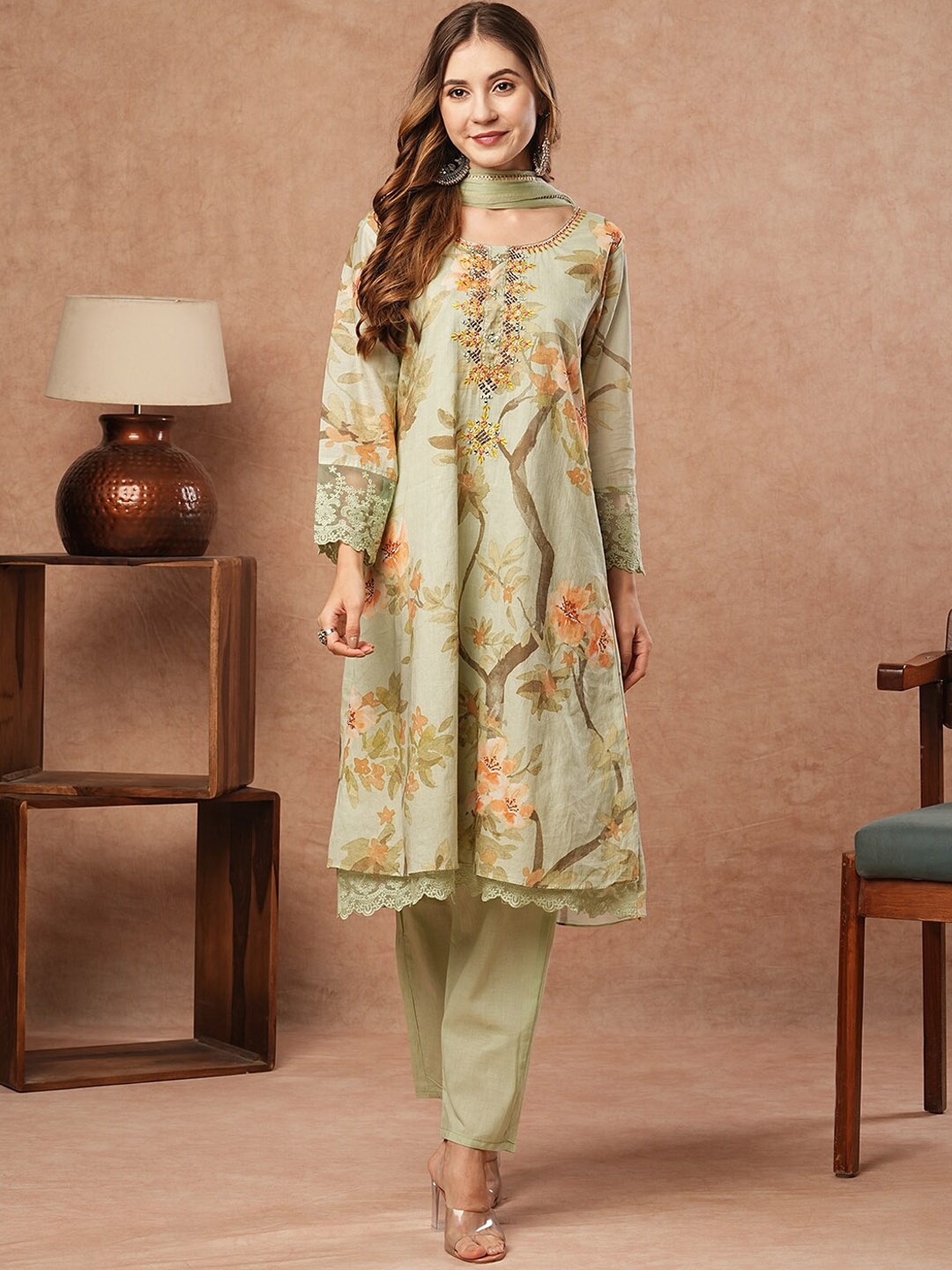 

FASHOR Floral Printed Round Neck Pure Cotton Kurta with Trousers & Dupatta, Green