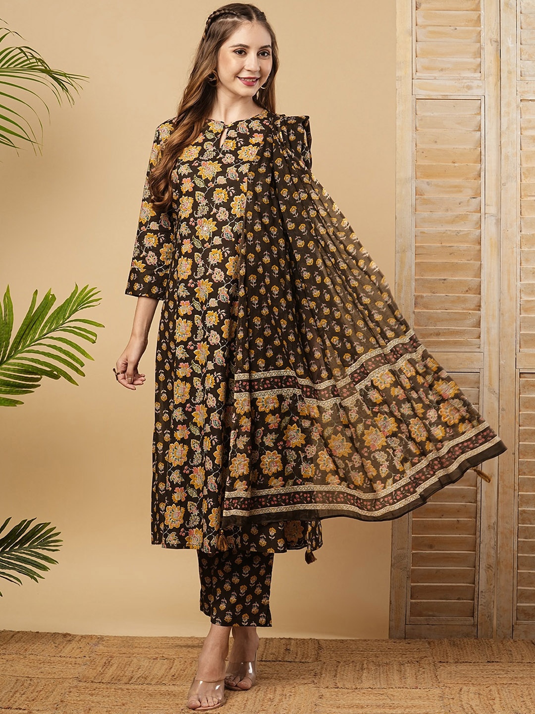 

FASHOR Floral Printed Keyhole Neck Mirror Work Pure Cotton Kurta with Trousers & Dupatta, Coffee brown