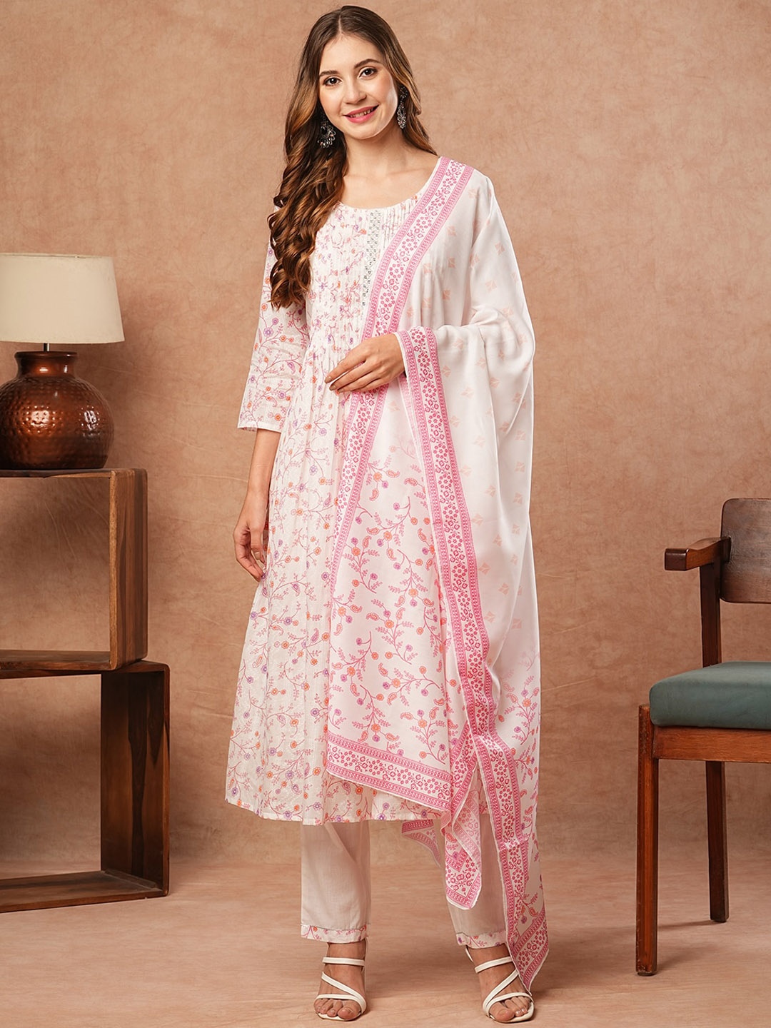 

FASHOR Floral Printed Pleated Mirror Work Pure Cotton Kurta with Trousers & With Dupatta, White