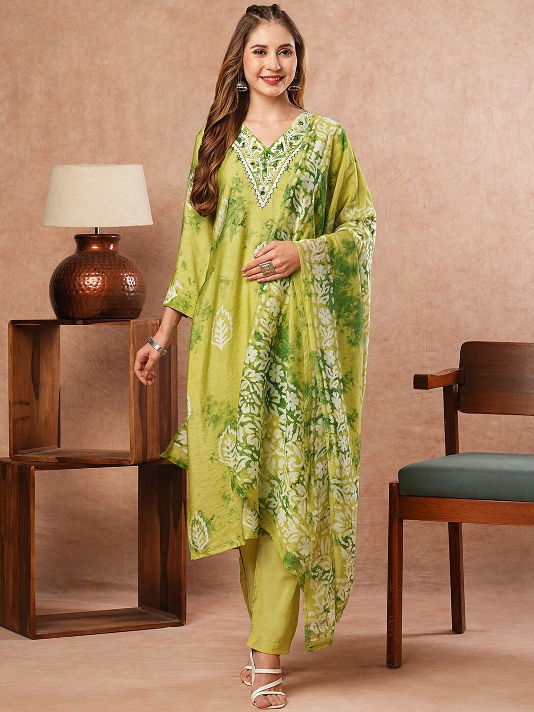 

FASHOR Floral Printed Sequinned Chanderi Cotton A-Line Kurta with Trousers & Dupatta, Lime green