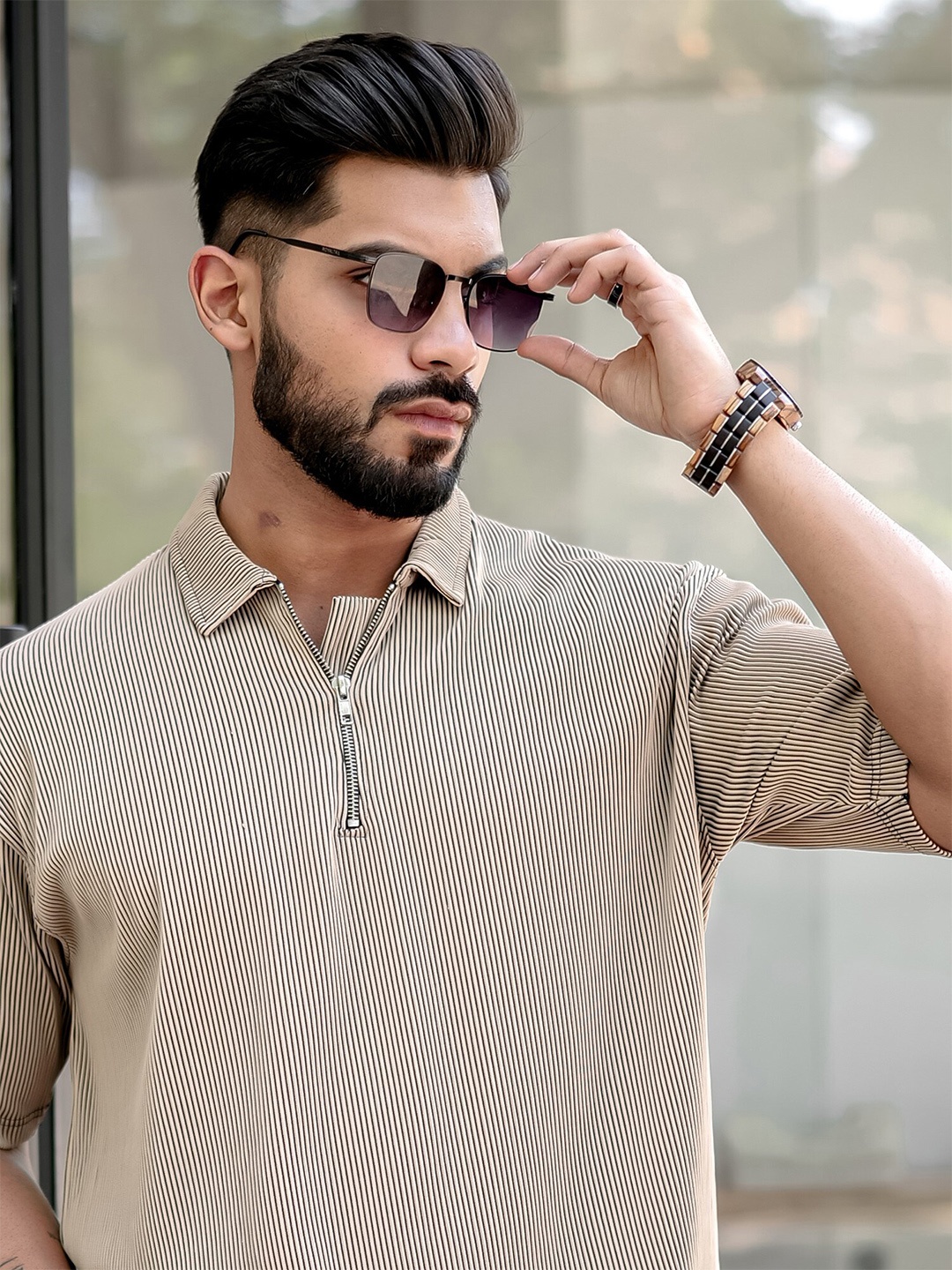 

Maniac Men Polo Collar Drop-Shoulder Sleeves T-shirt, Beige