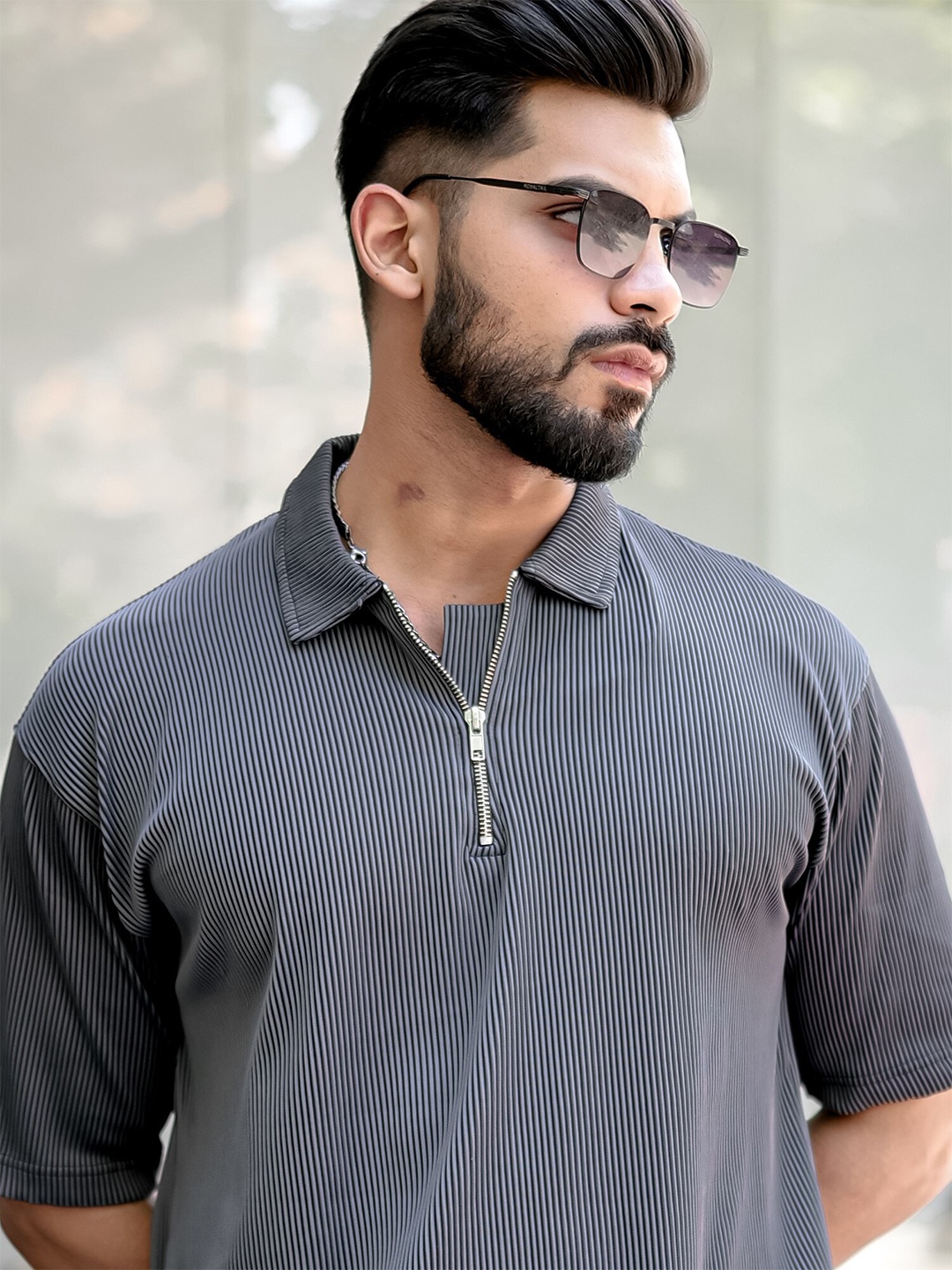 

Maniac Men Polo Collar Drop-Shoulder Sleeves T-shirt, Grey