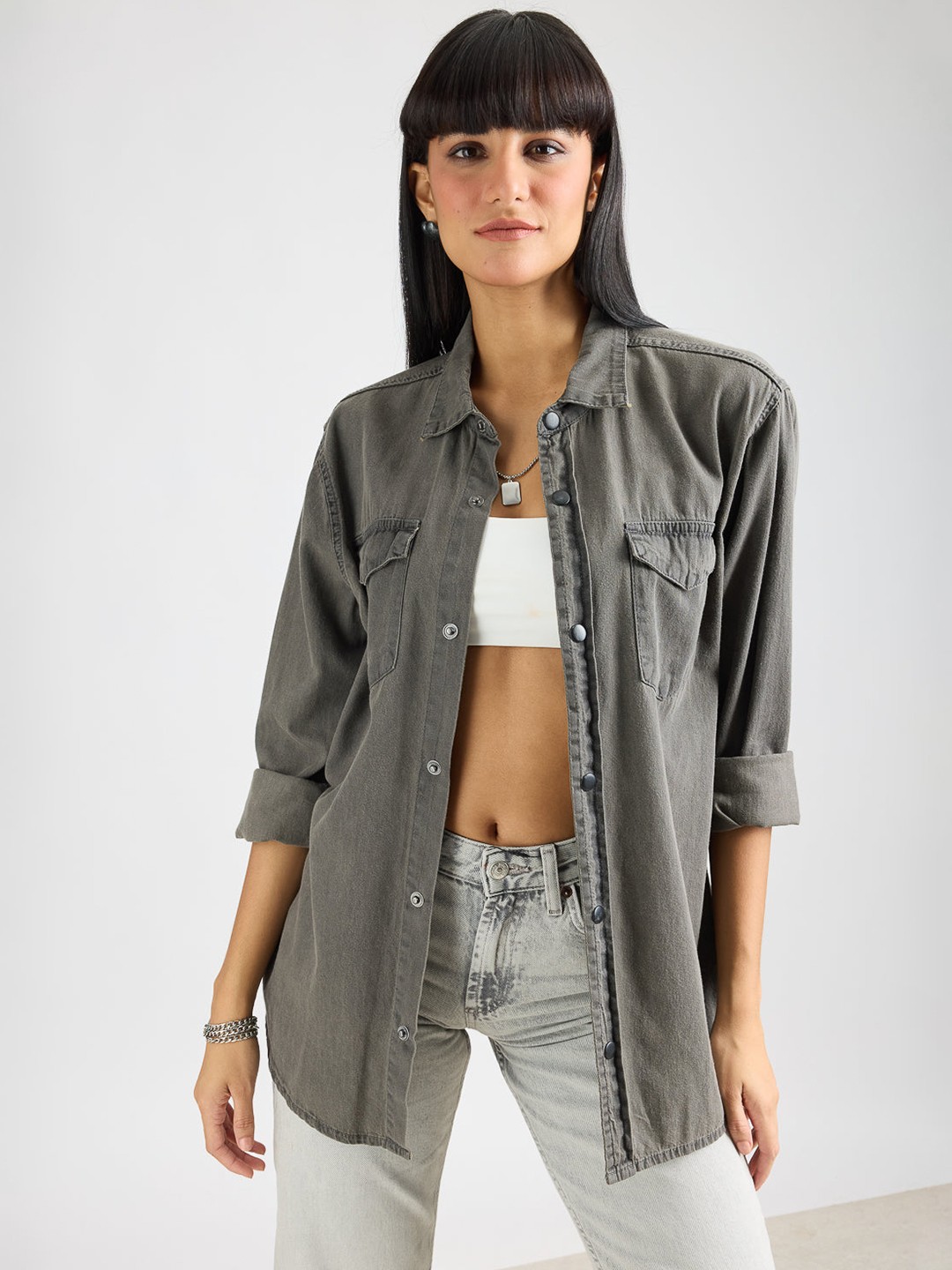 

FREAKINS Spread Collar Long Sleeves Cotton Casual Shirt, Grey
