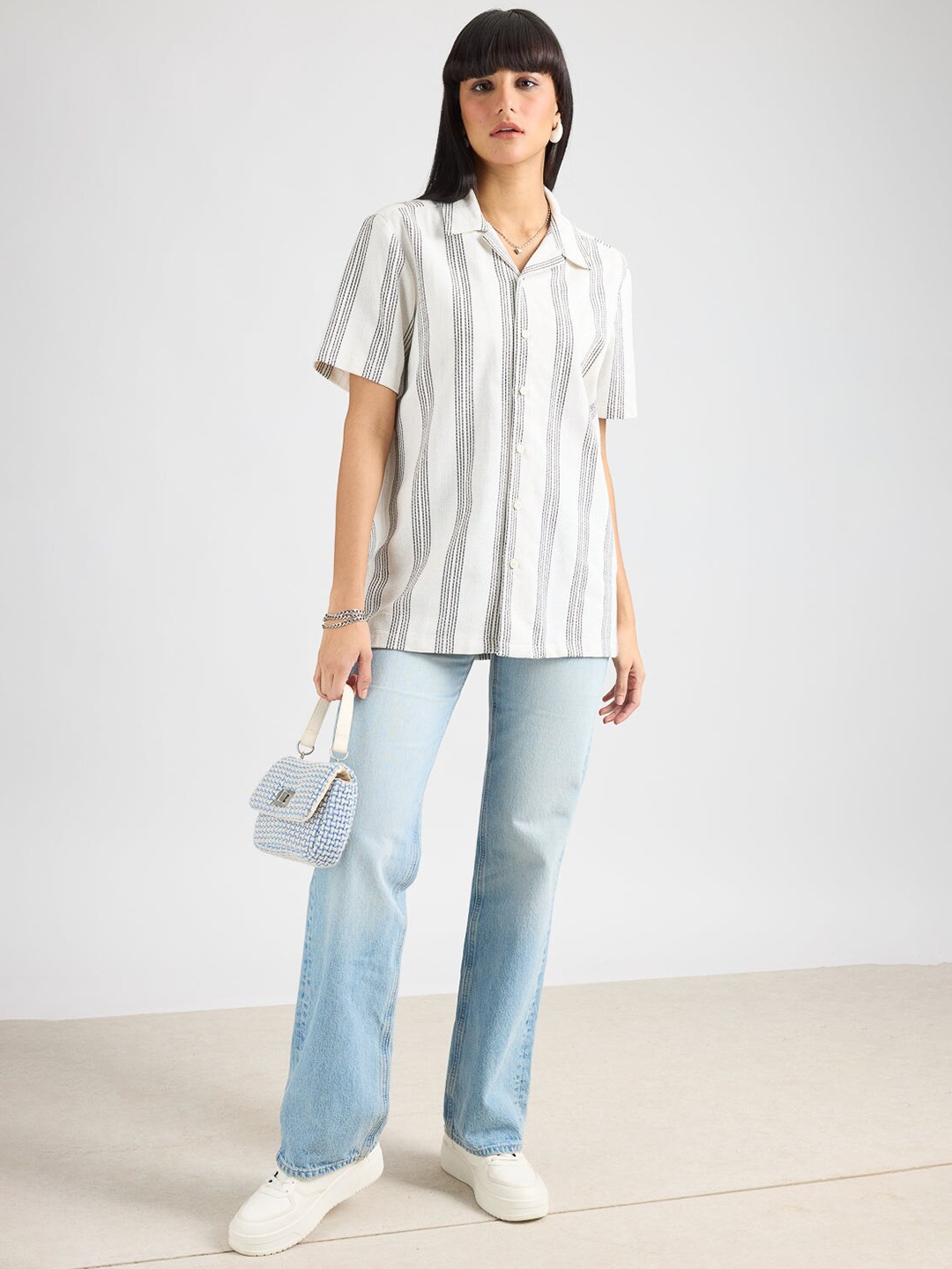 

FREAKINS Striped Cotton Casual Shirt, White