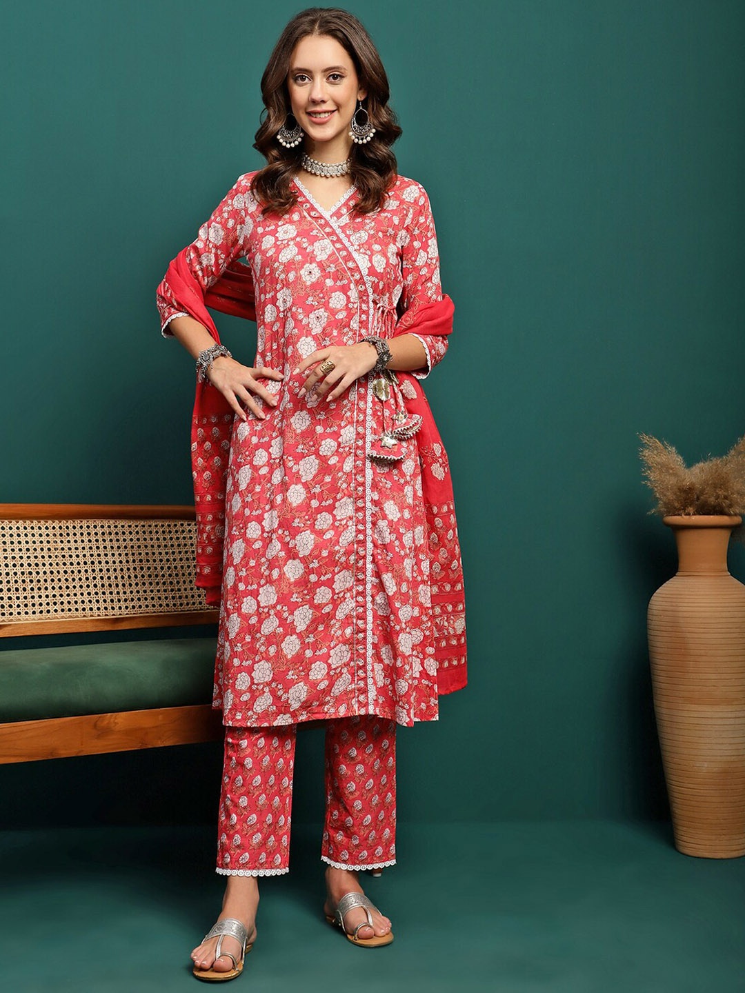 

Sangria Floral Printed Pure Cotton V Neck Straight Kurta With Trousers & Dupatta, Red