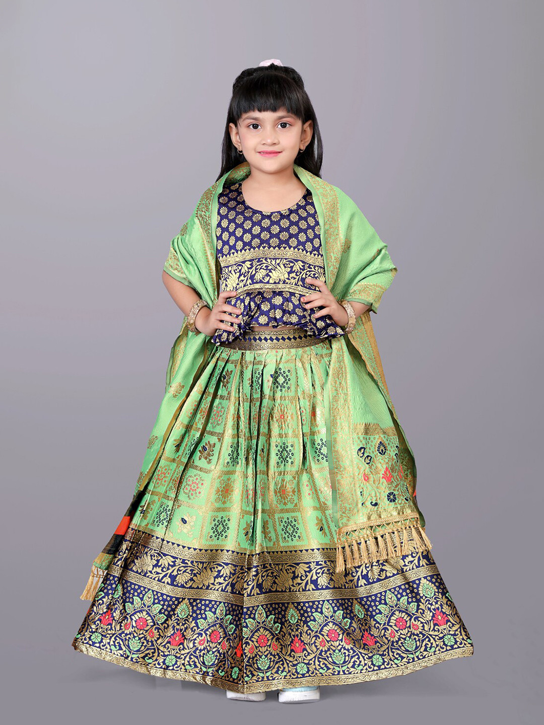 

BAESD Girls Woven Design Zari Ready to Wear Lehenga & Blouse With Dupatta, Green