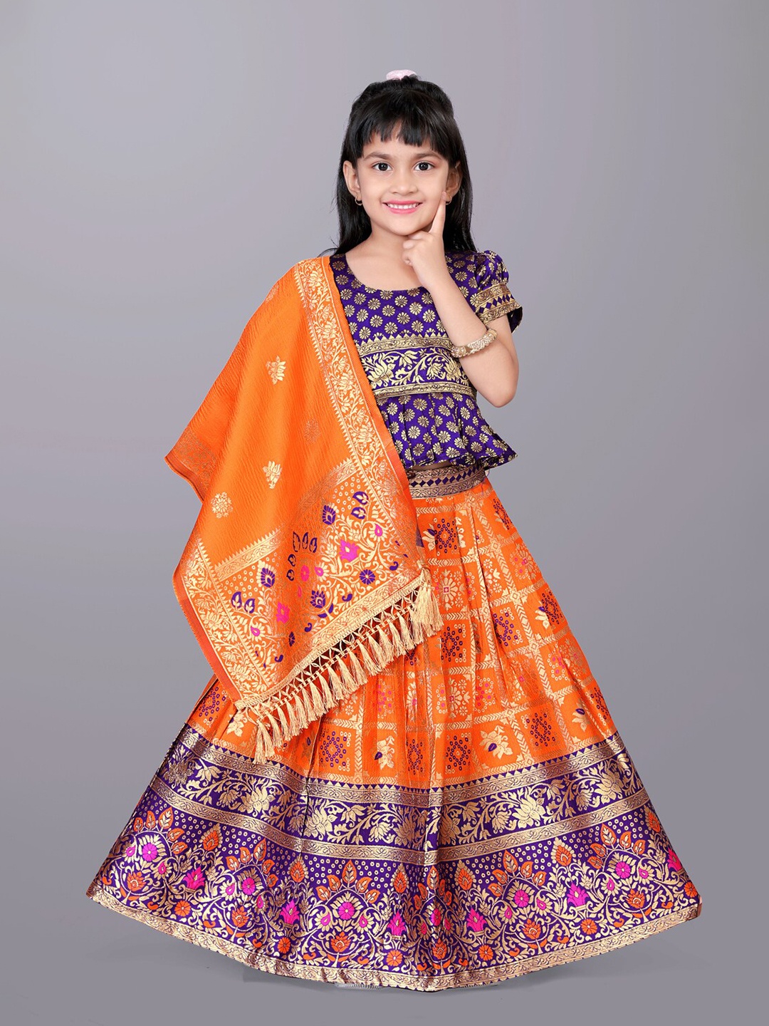 

BAESD Girls Woven Design Zari Ready to Wear Lehenga & Blouse With Dupatta, Orange