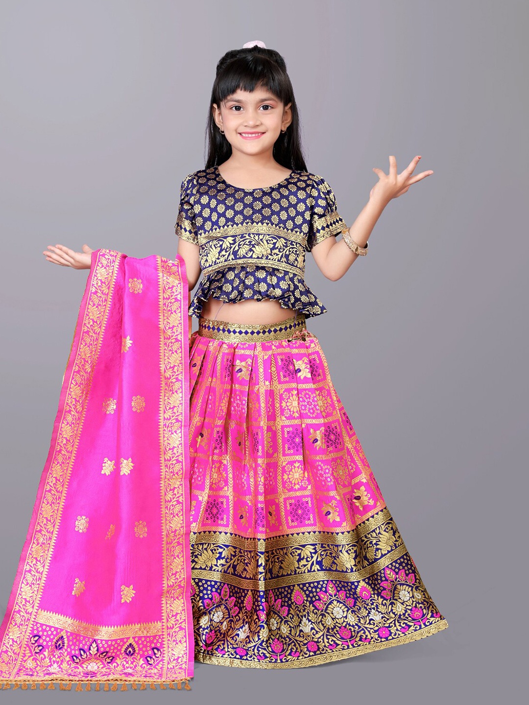 

BAESD Girls Woven Design Zari Ready to Wear Lehenga & Blouse With Dupatta, Pink