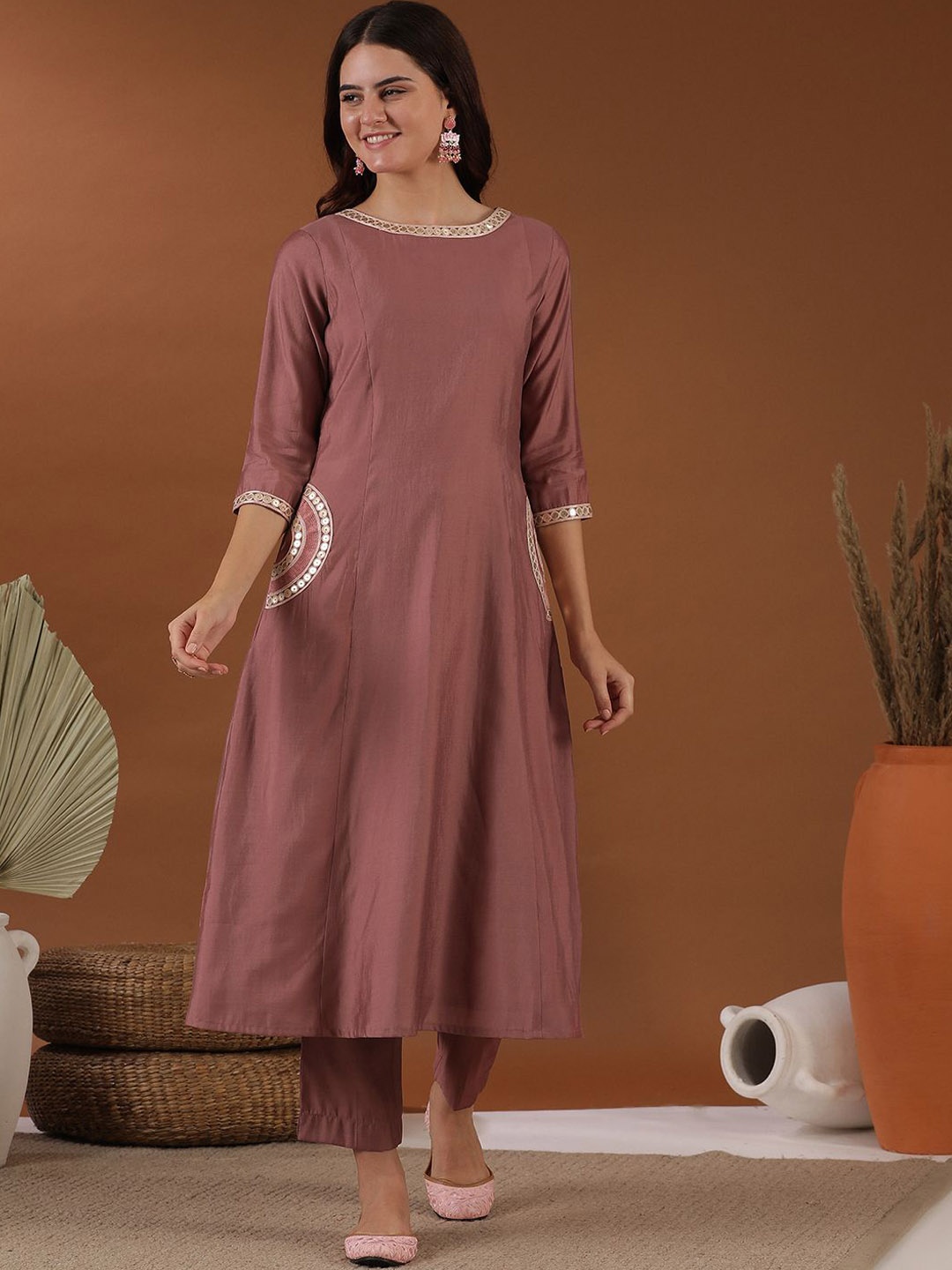

Inddus Yoke Design Sequinned Empire A-Line Kurta With Trouser, Pink