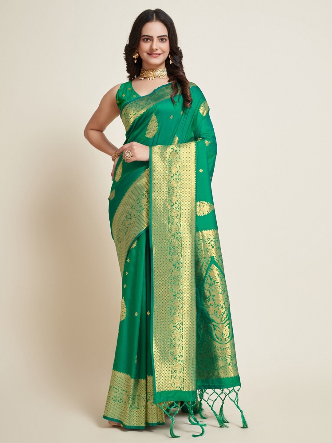 

Sarvada Ethnic Motifs Woven Design Zari Banarasi Saree, Green