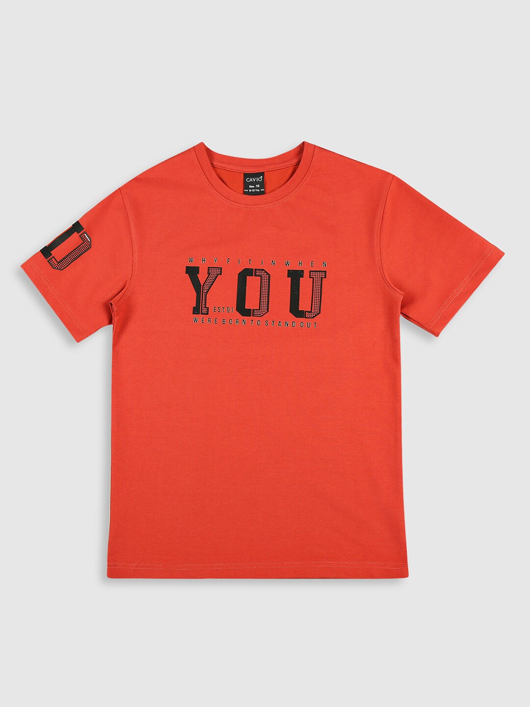 CAVIO Boys Typography Printed Round Neck Cotton T-shirt, Rust