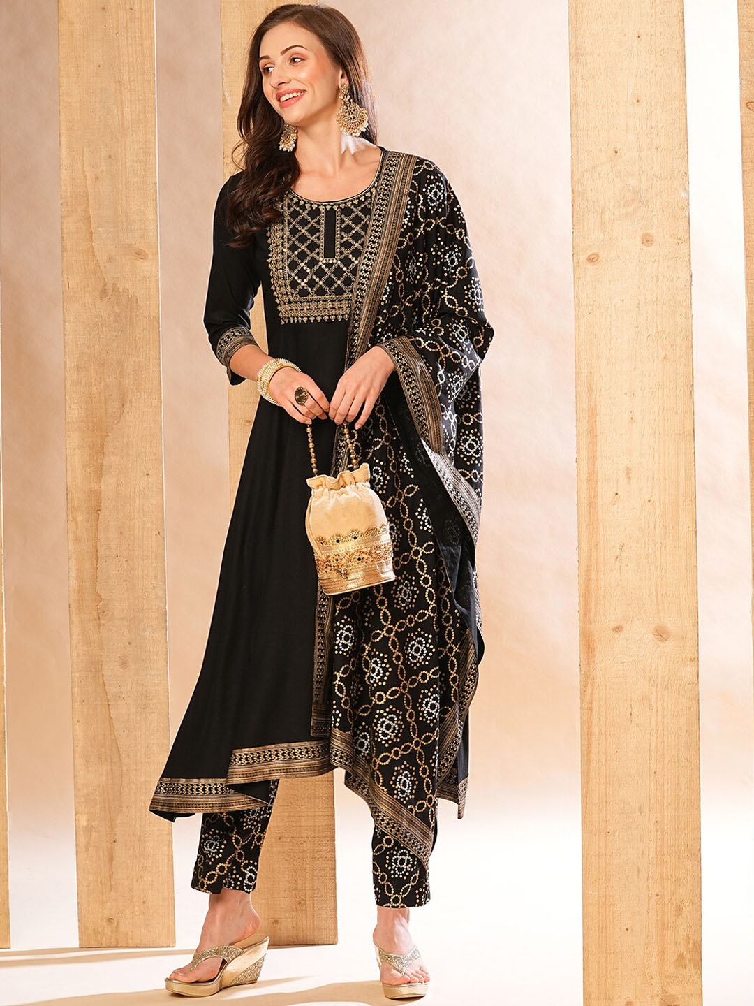 

Globus Embroidered Yoke A-Line Kurta With Printed Trouser & Dupatta, Black