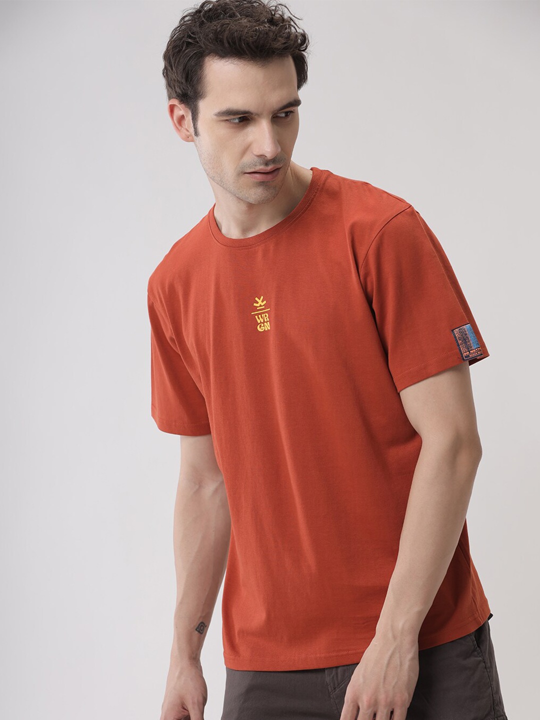

WROGN Relaxed Fit Short Sleeves Round Neck Cotton T-shirt, Rust