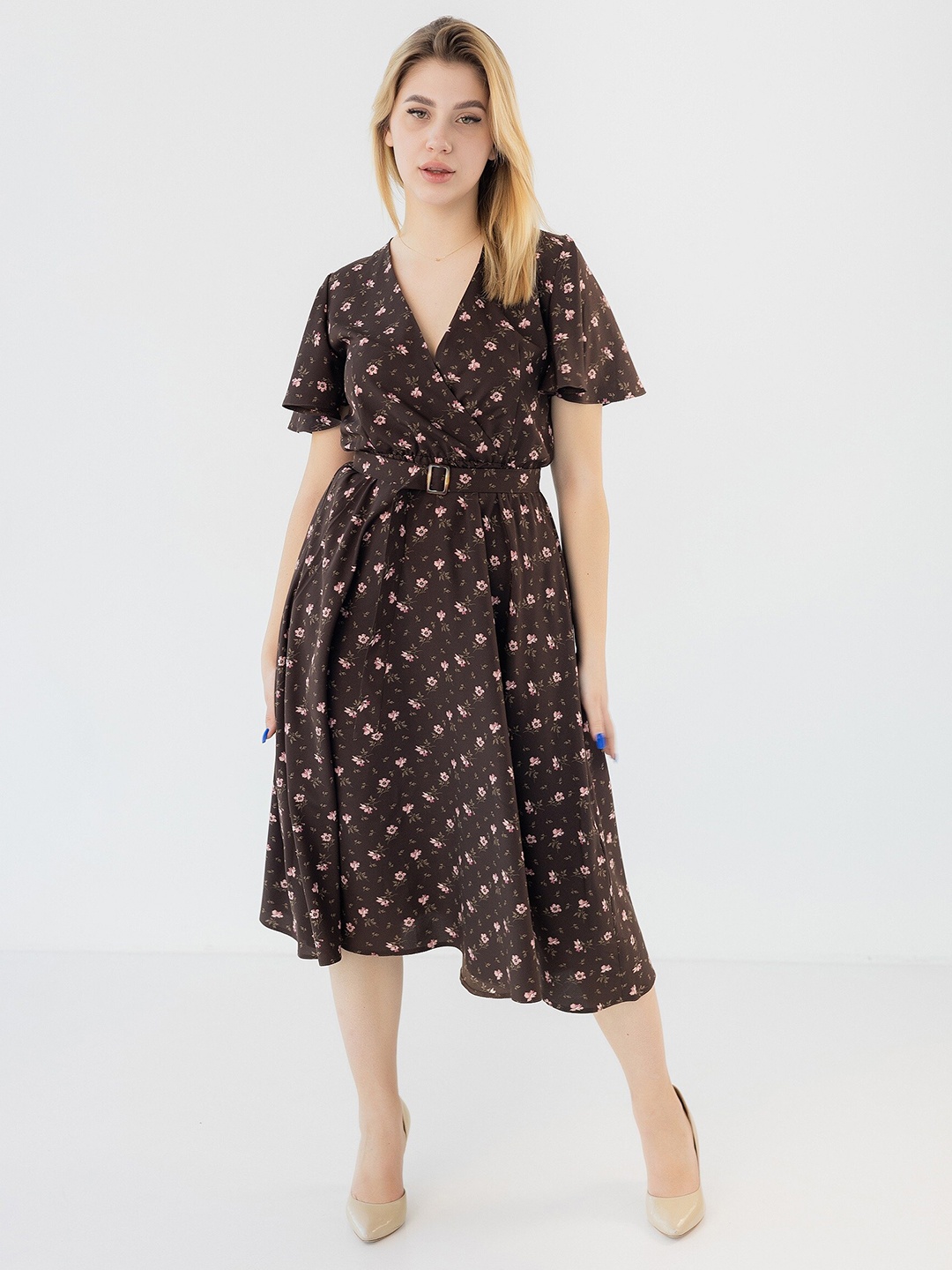 

Diyas London Polka Dot Print Flared Sleeve Wrap Dress, Brown