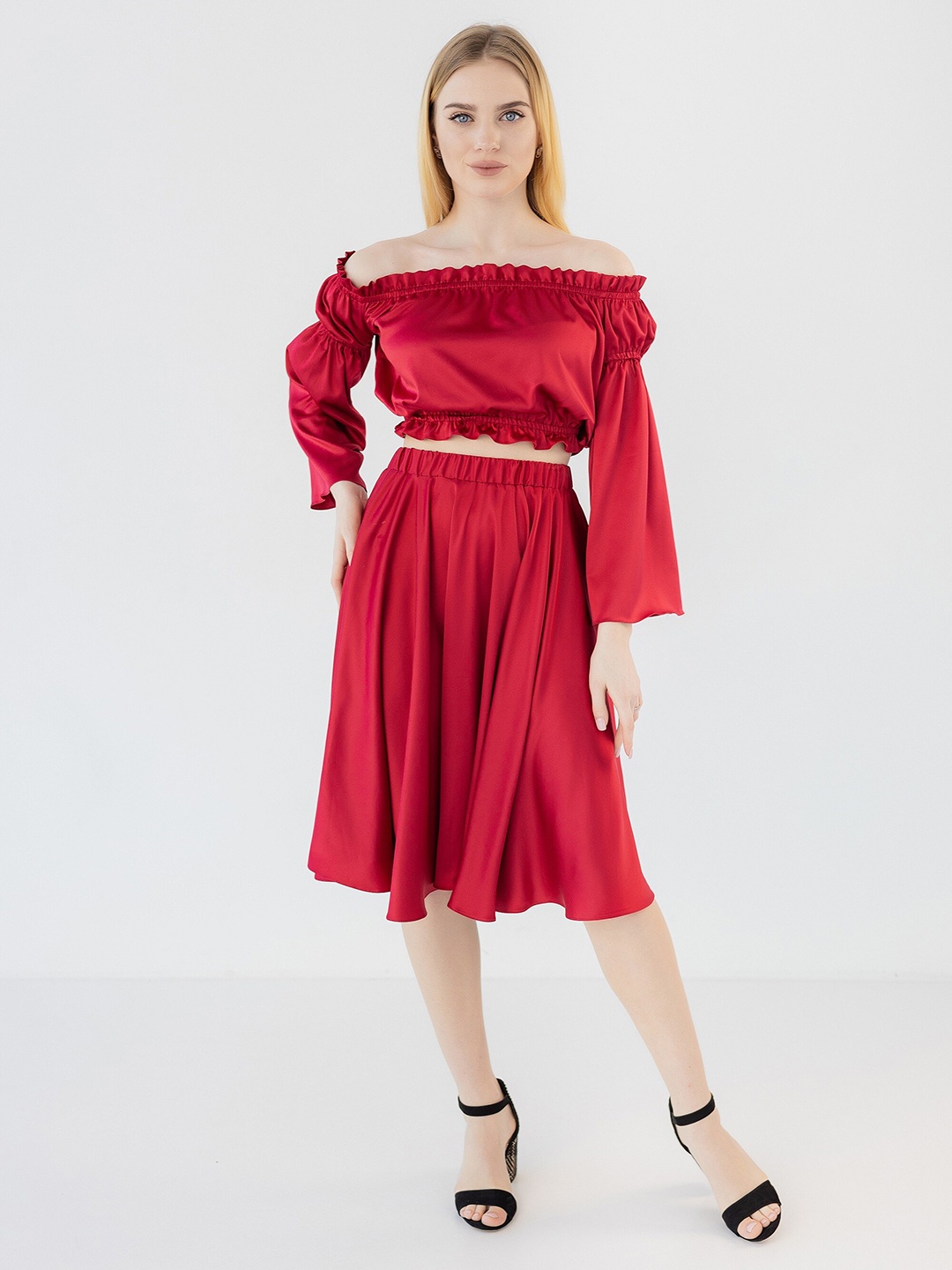

Diyas London Off-Shoulder Puff Sleeve Fit & Flare Dress, Red