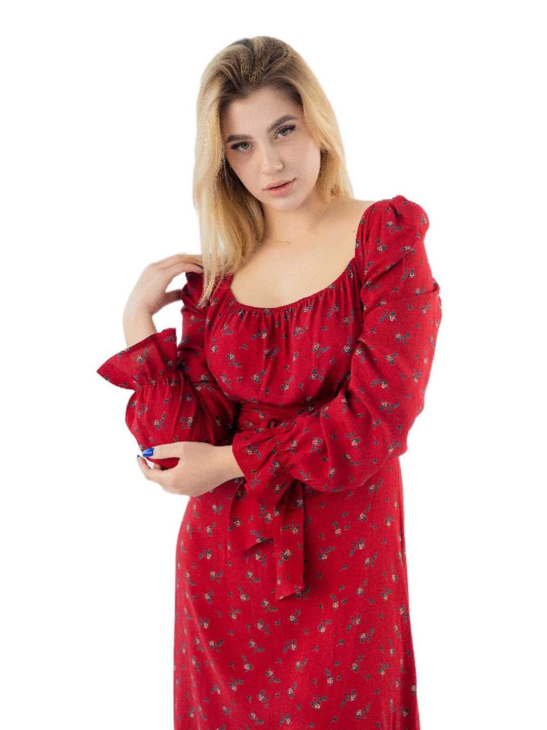 

Diyas London Floral Printed Round Neck Puff Sleeve A-Line Dress, Red