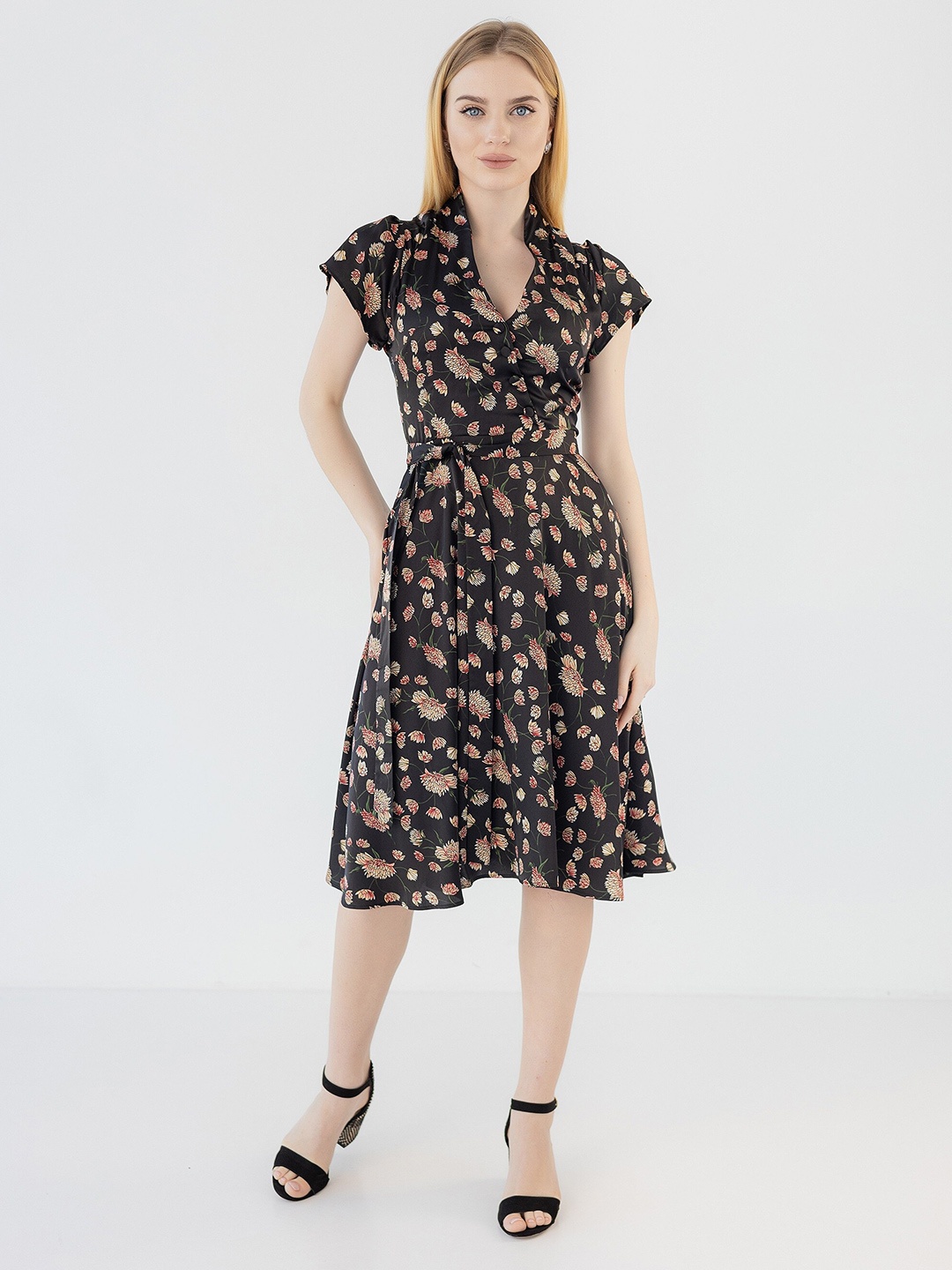 

Diyas London V-Neck Floral Printed Fit & Flare Dress, Black