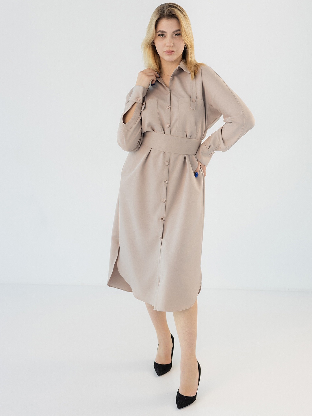 

Diyas London Shirt Collar Long Sleeves Tie ups Shirt Dress, Beige