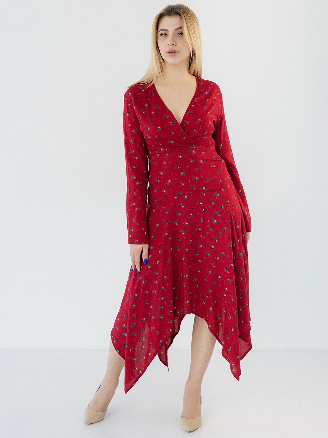 

Diyas London Floral Print V-Neck Long Sleeves Fit & Flare Dress, Red