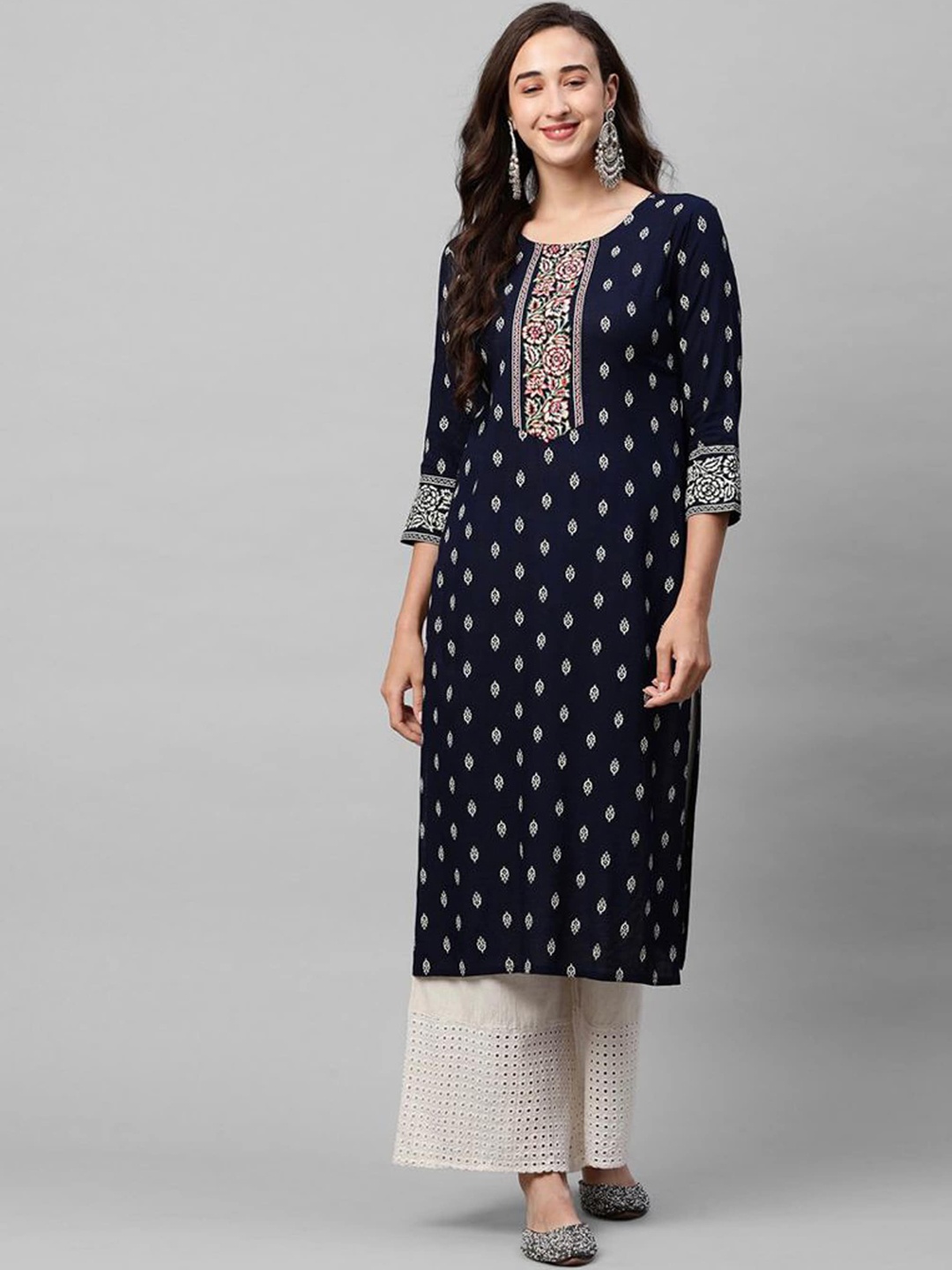 

JAFFRY EMBROIDERY Floral Printed Three-Quarter Sleeves Straight Kurta, Navy blue