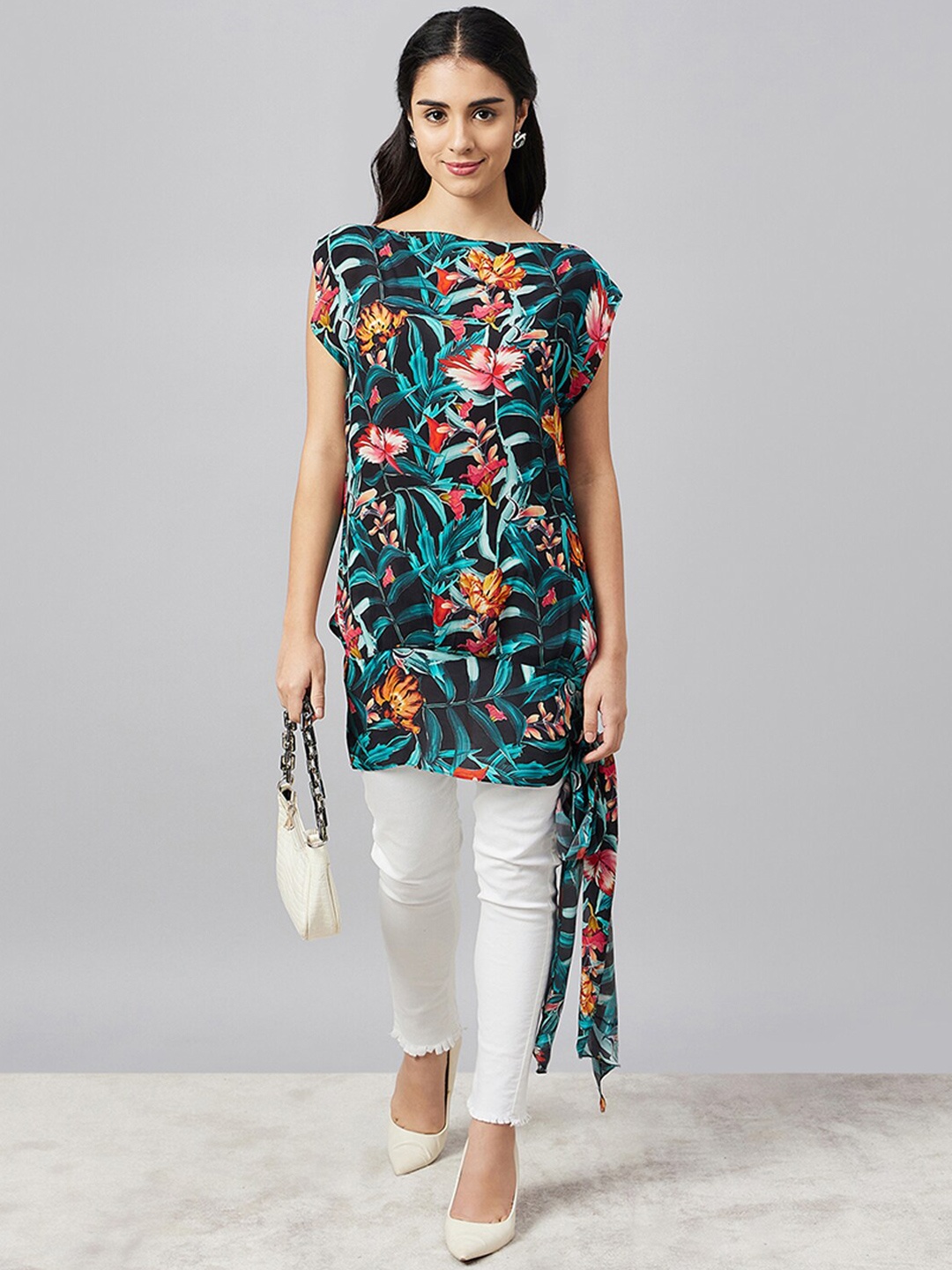 

First Resort by Ramola Bachchan Floral Printed Boat Neck Cap Sleeves Tropical Crepe Top, Black