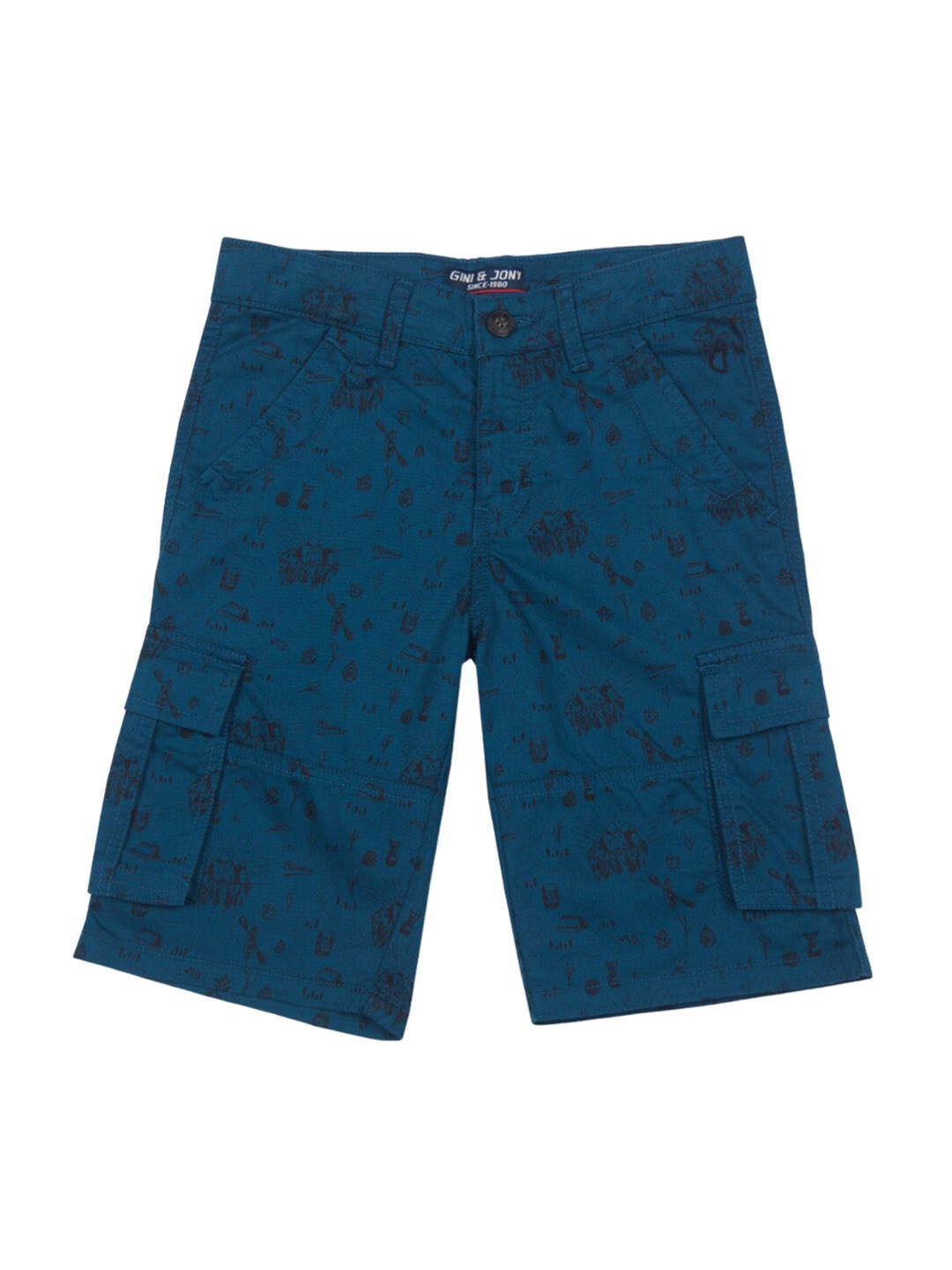 

Gini and Jony Boys Conversational Printed Mid-Rise Regular Fit Cotton Cargo Shorts, Navy blue