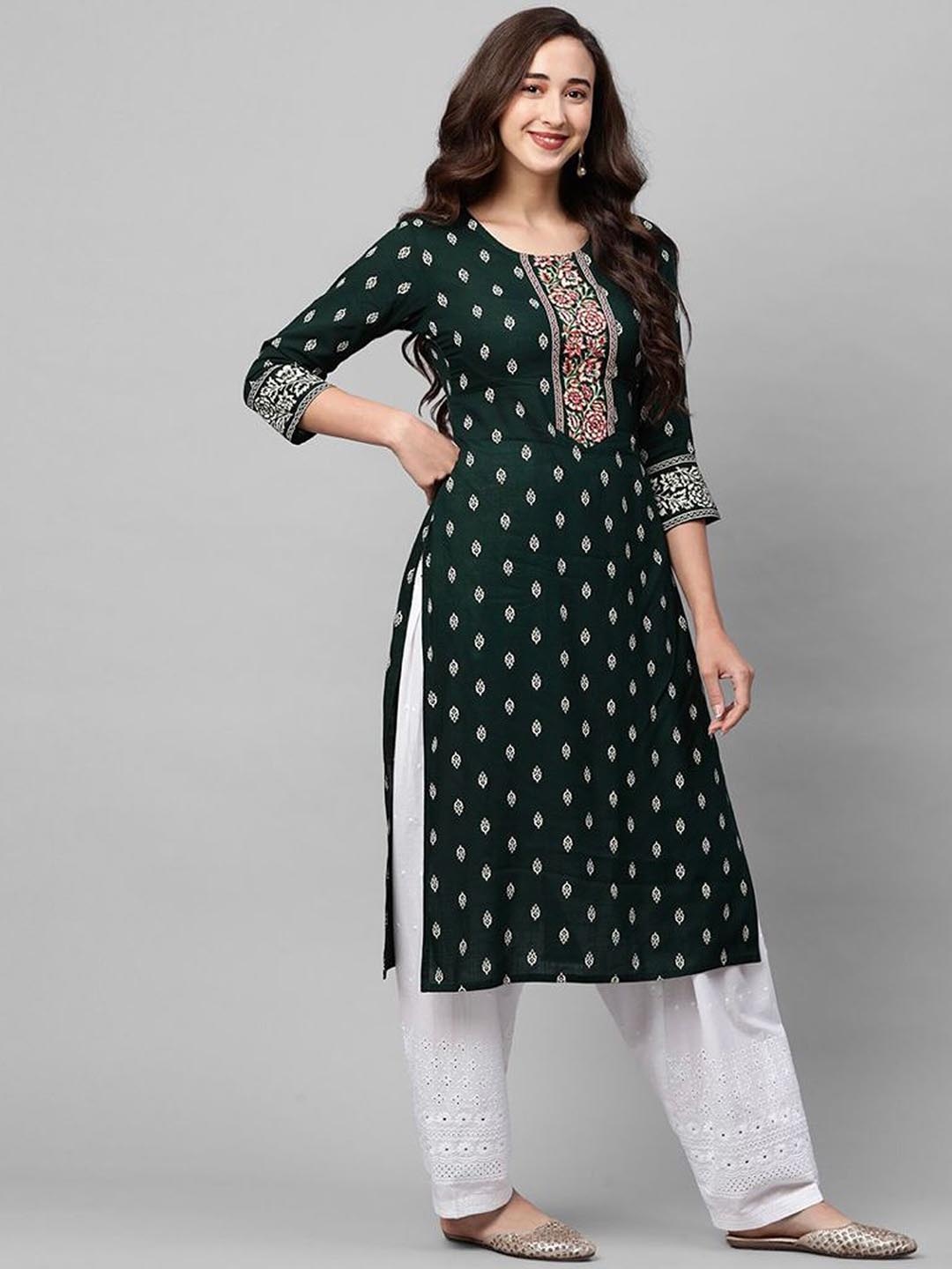 

JAFFRY EMBROIDERY Floral Printed Round Neck Straight Kurta, Green