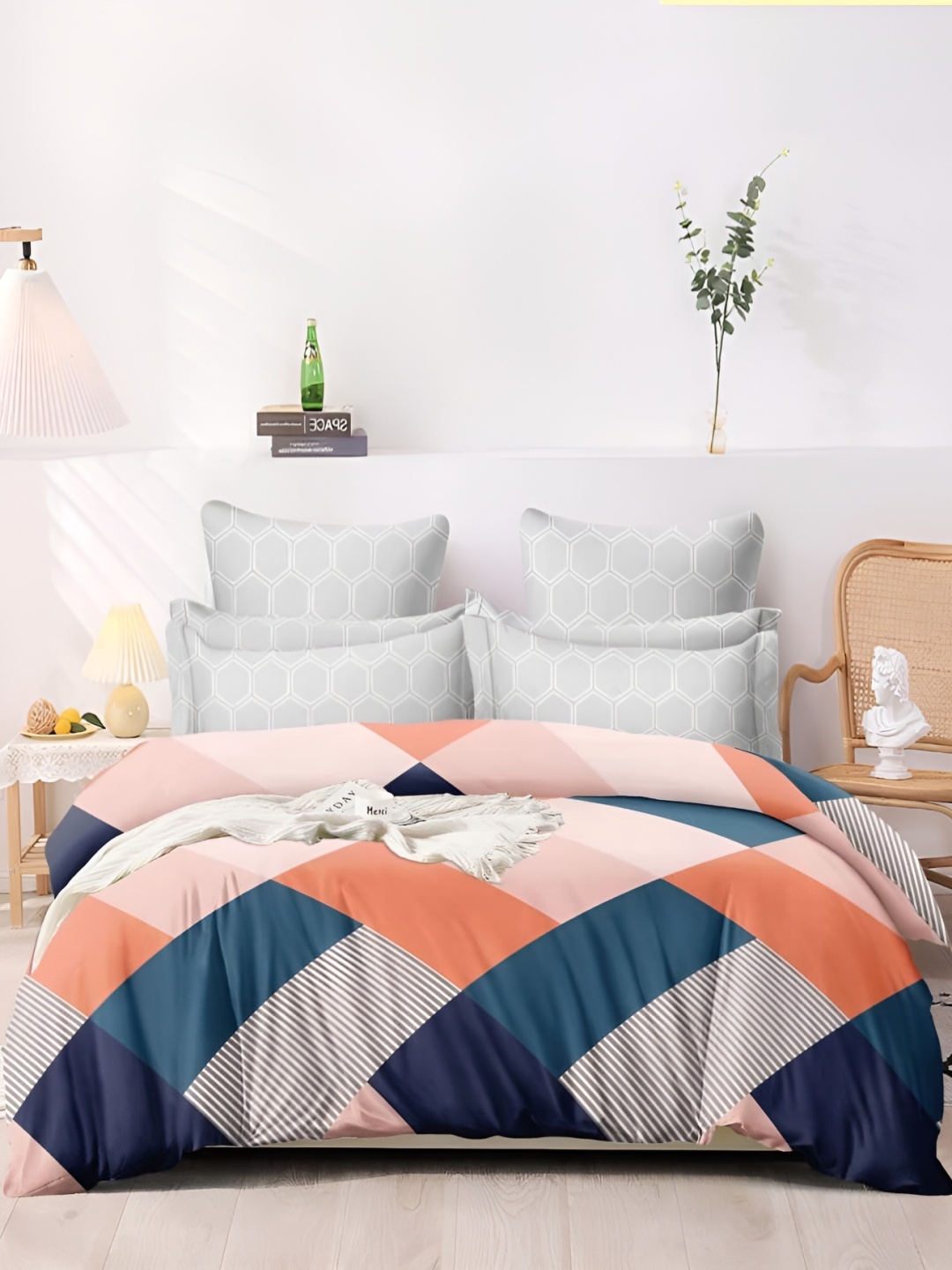 

MallowWorld 3-Pcs Orange Colored & Blue 180TC Double Bed Bedsheet With Pillow Covers
