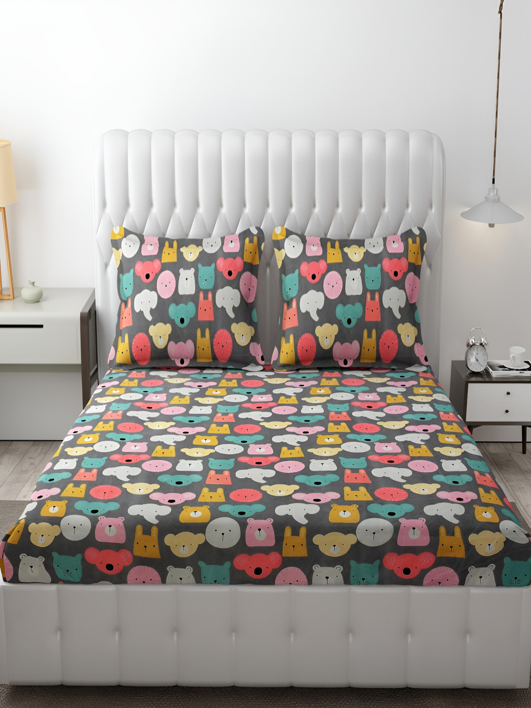 

MallowWorld Brown & Grey Cartoon Printed Pure Cotton King Size Bed Cover