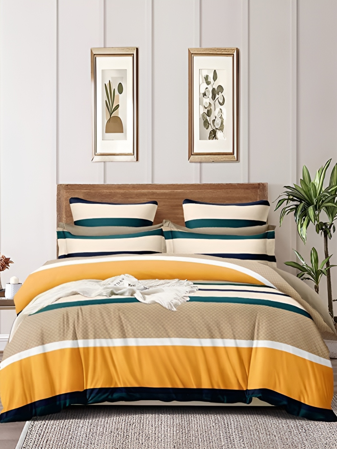 

MallowWorld Beige & Green Elastic Fitted Double Beds Cover, Yellow