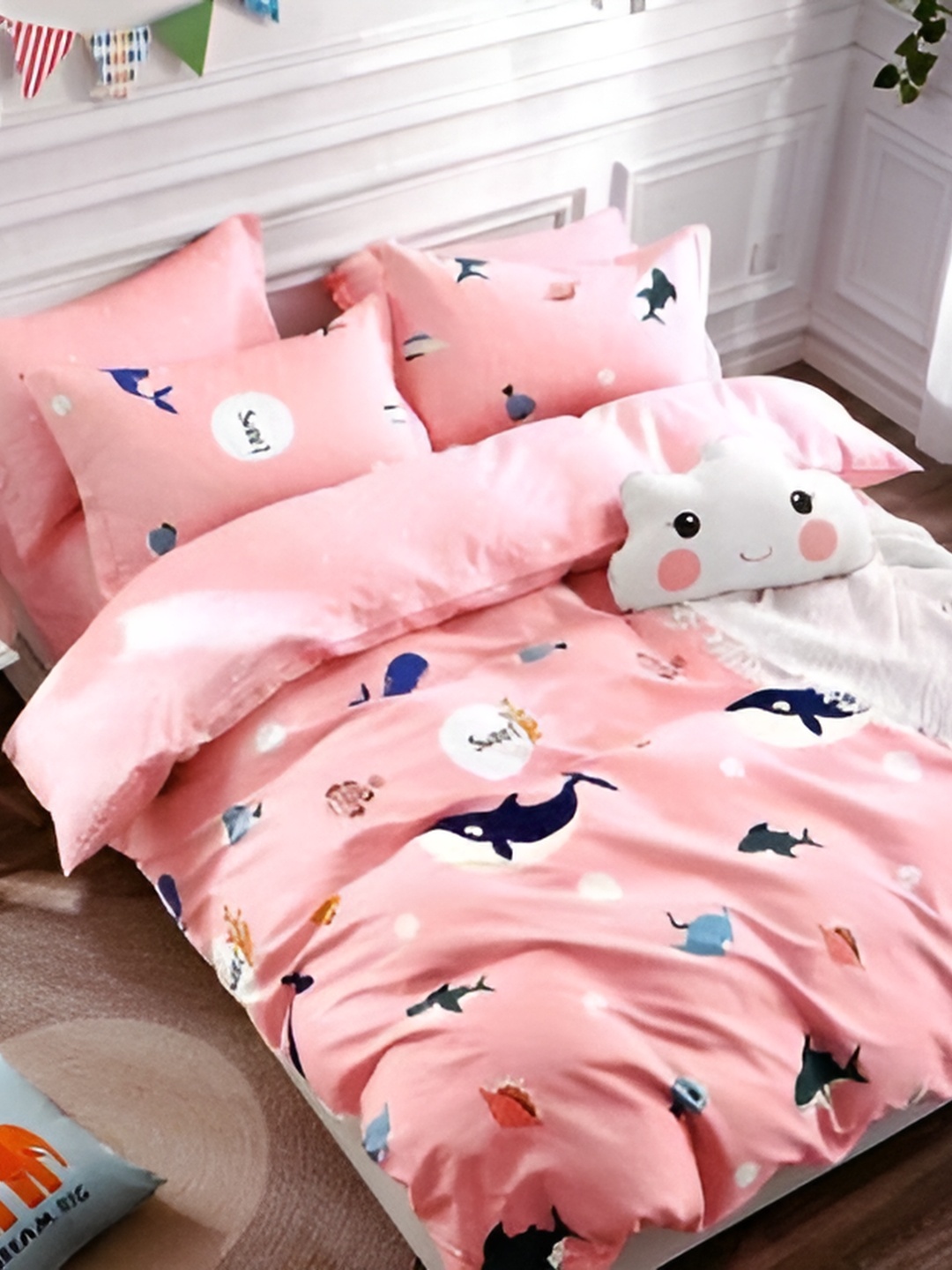 

MallowWorld White & Pink Cartoon Printed Cotton Single Size Bed Cover