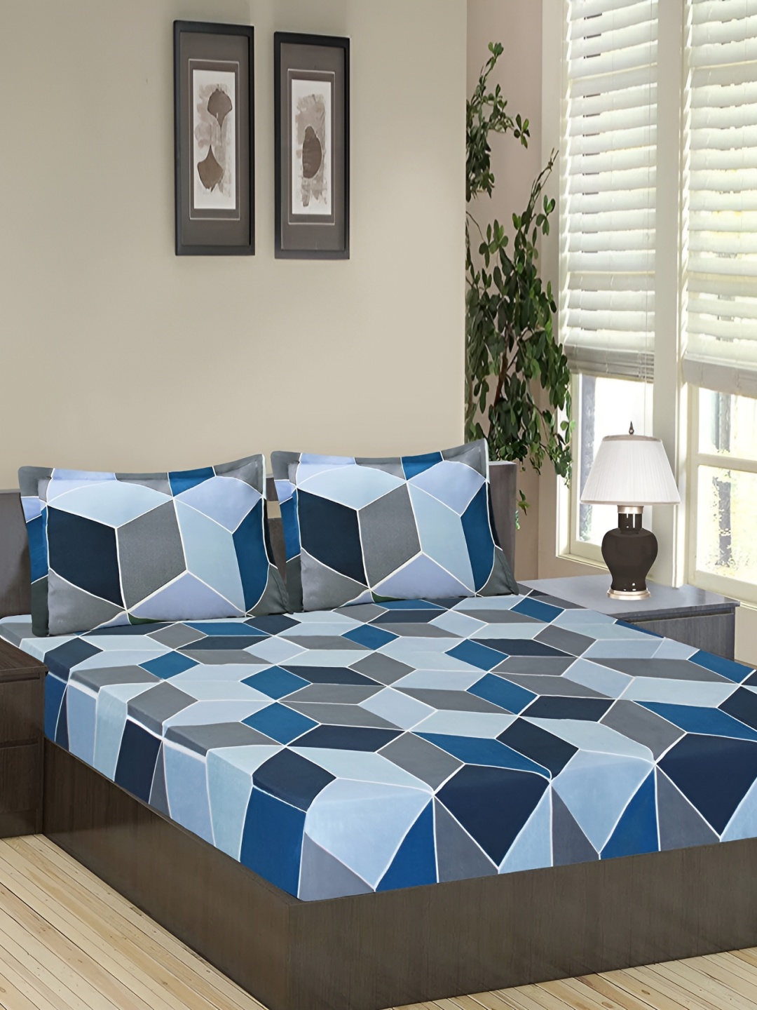 

MallowWorld Blue & Grey Geometric Printed 200 TC Fitted King Bedsheet With 2 Pillow Covers