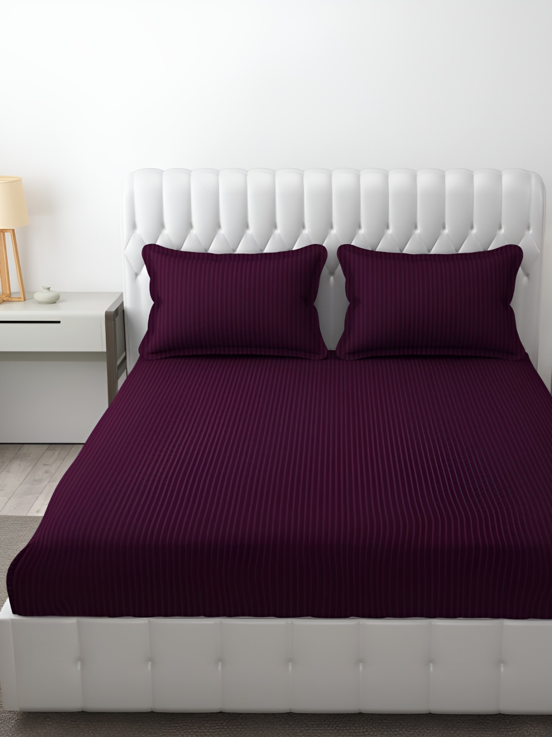 

MallowWorld Maroon Striped Fitted 200 TC King Bedsheet With 2 Pillow Covers