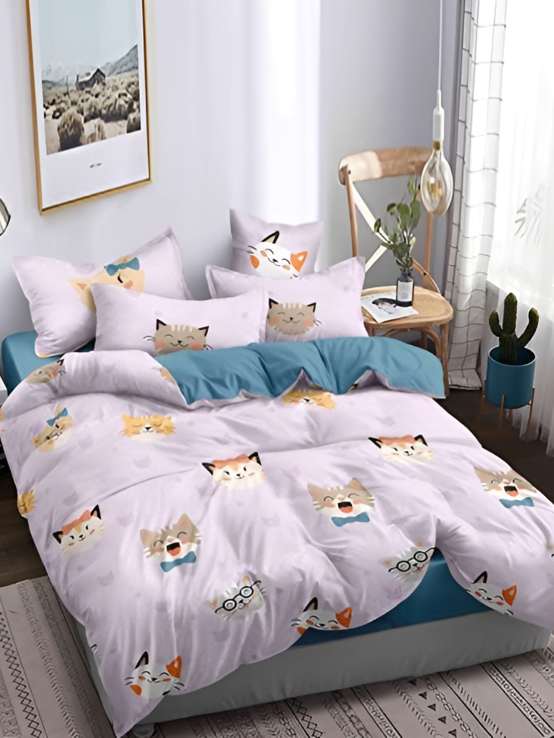 

MallowWorld Pink & Brown Cartoon Printed Cotton King Size Bed Cover