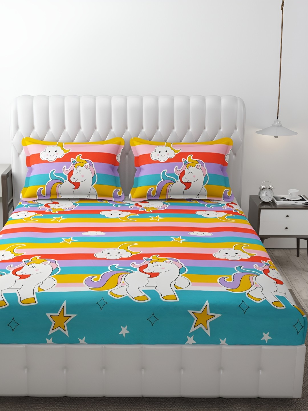 

MallowWorld Blue & Yellow Cartoon Printed 200TC Bedsheet With Pillow Cover