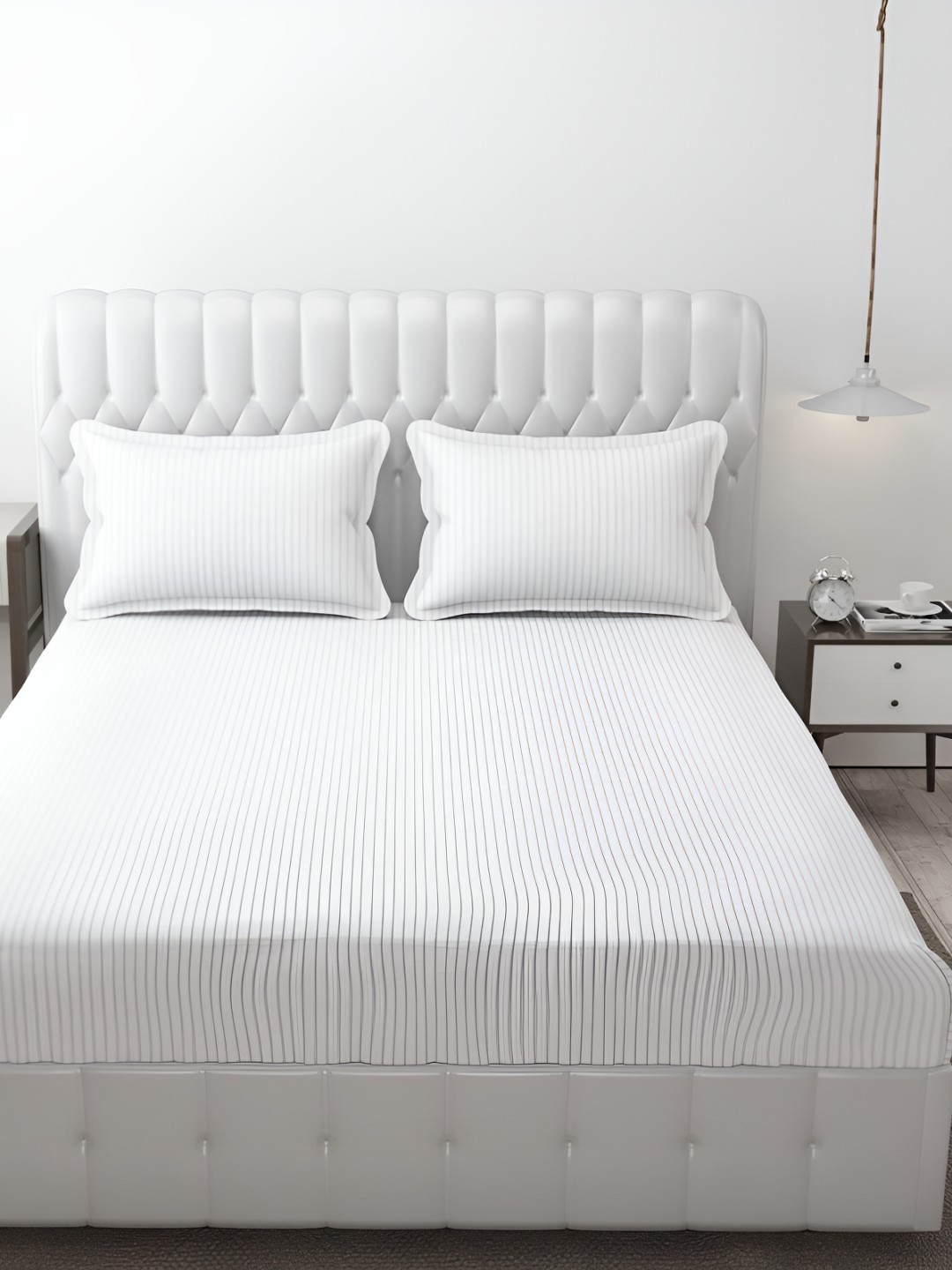 

MallowWorld White Striped 200 TC Fitted King Bedsheet With 2 Pillow Covers