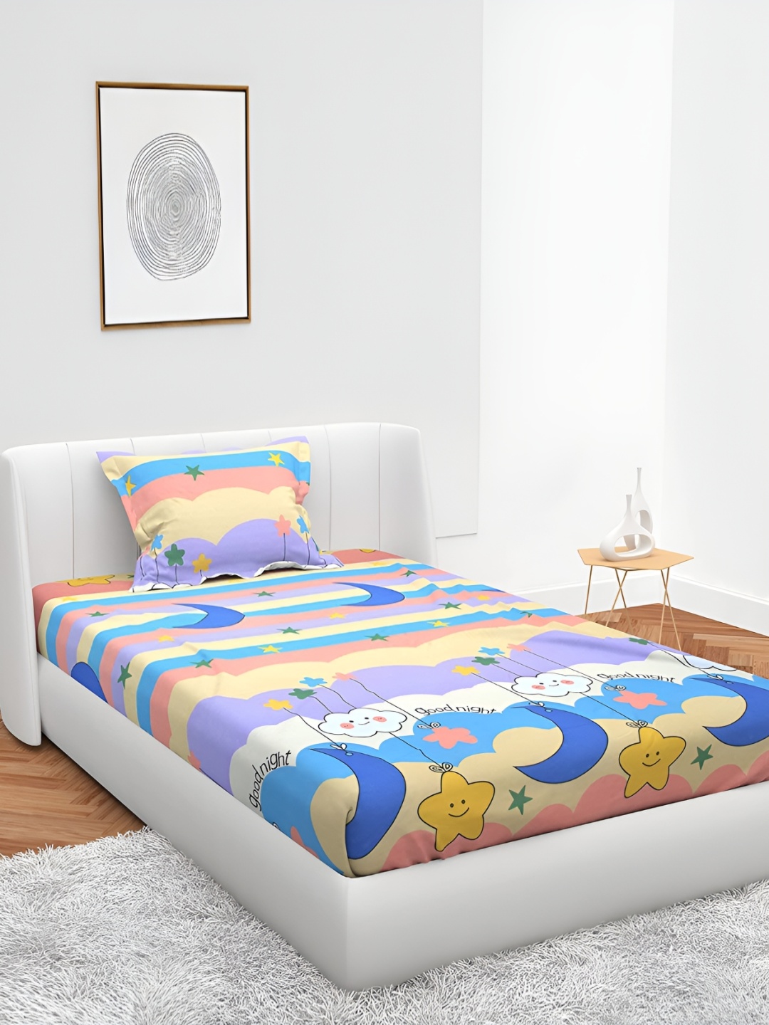 

MallowWorld Blue & Yellow Cartoon Printed 200TC Single Bedsheet With Pillow Cover