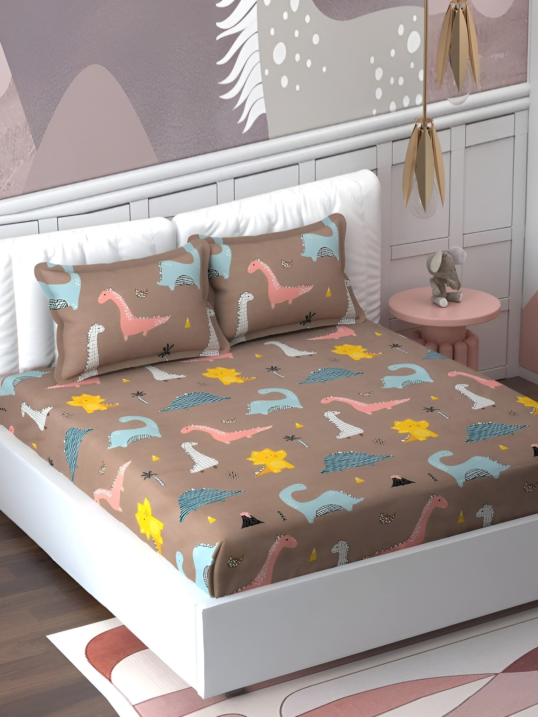 

MallowWorld Brown & Yellow 3 Pieces Printed 200TC King Bedcover With Pillow Cover