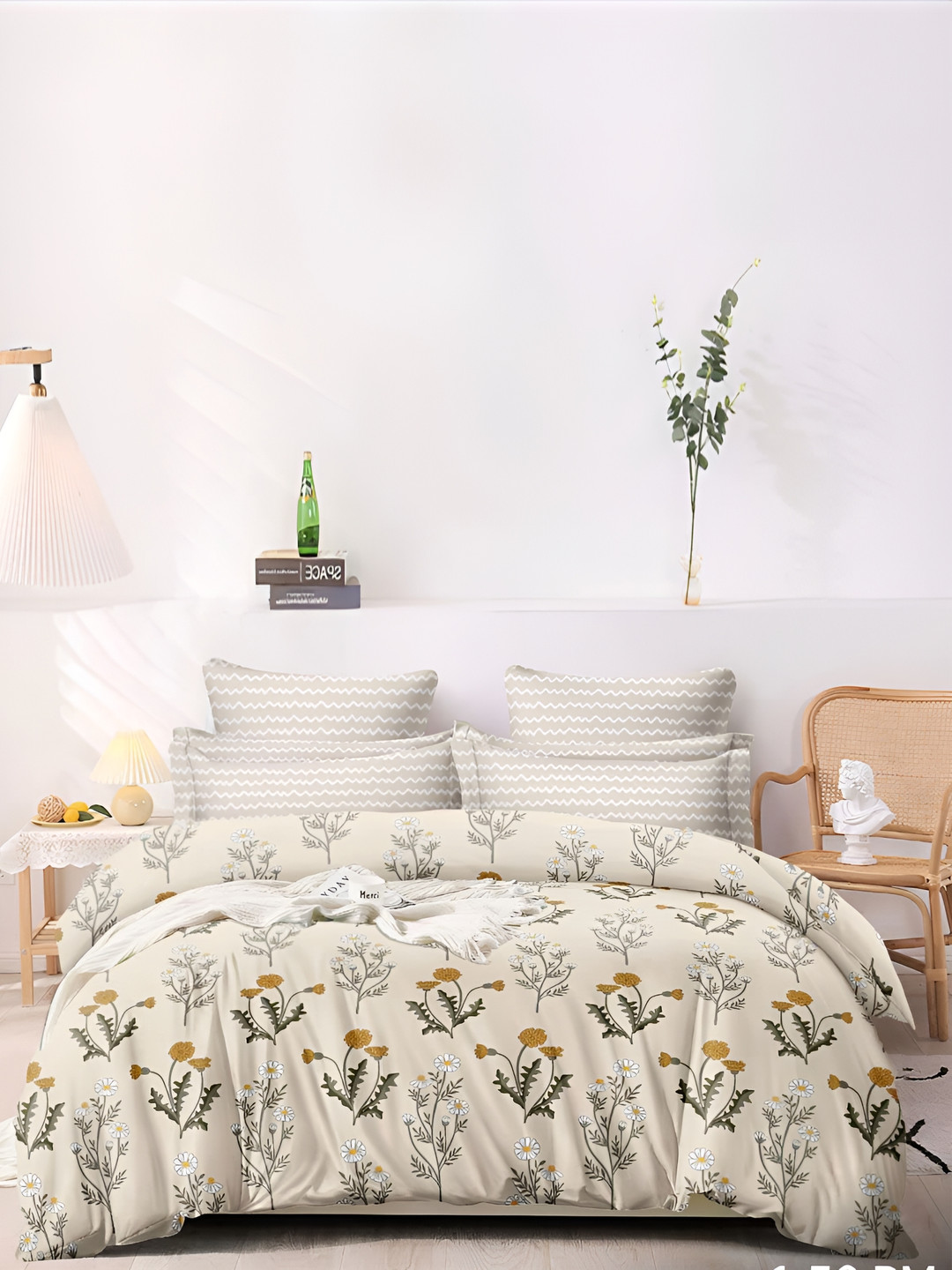 

MallowWorld Cream & Mustard Floral 200 TC King Bedsheet with 2 Pillow Covers