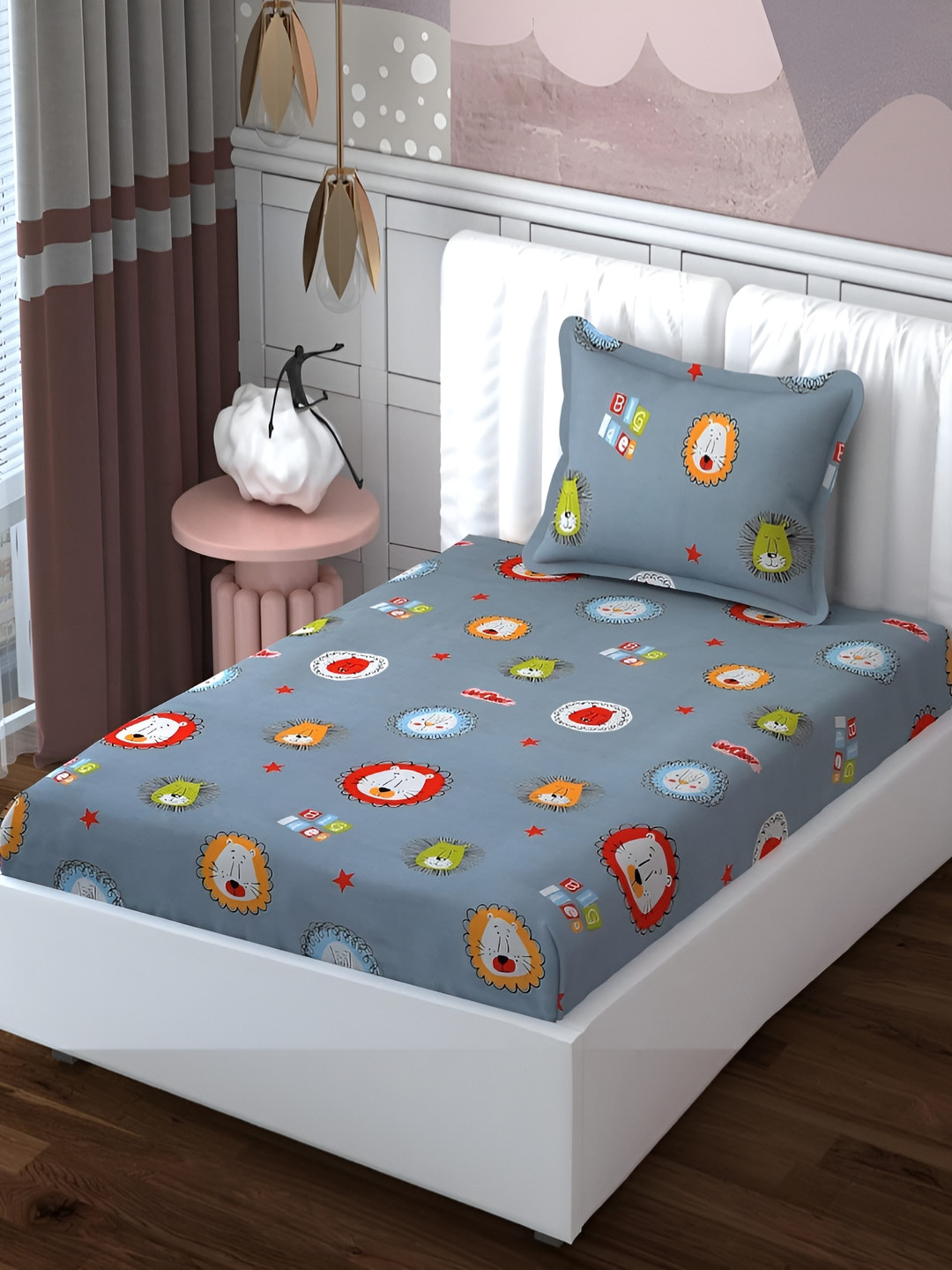 

MallowWorld Grey & Red Cartoon Printed 200TC Cotton Single Size Bed Cover