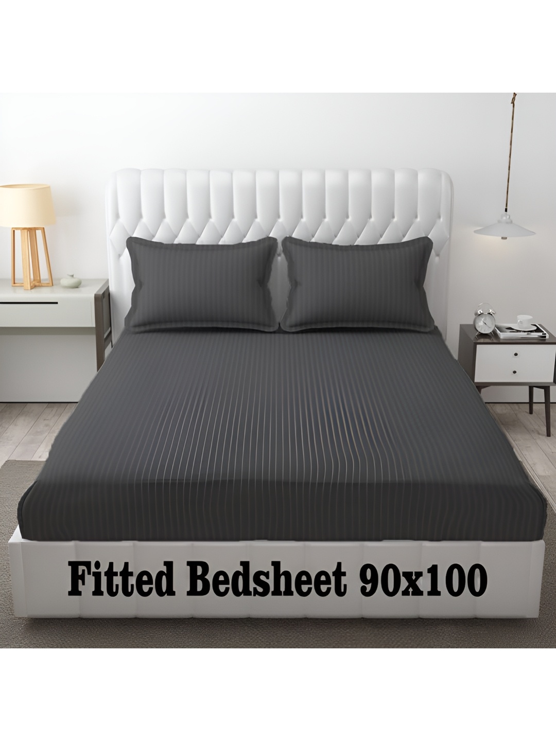 

MallowWorld Grey Striped 200 TC Microfiber Fitted King Double Bedsheet With 2 Pillow Cover