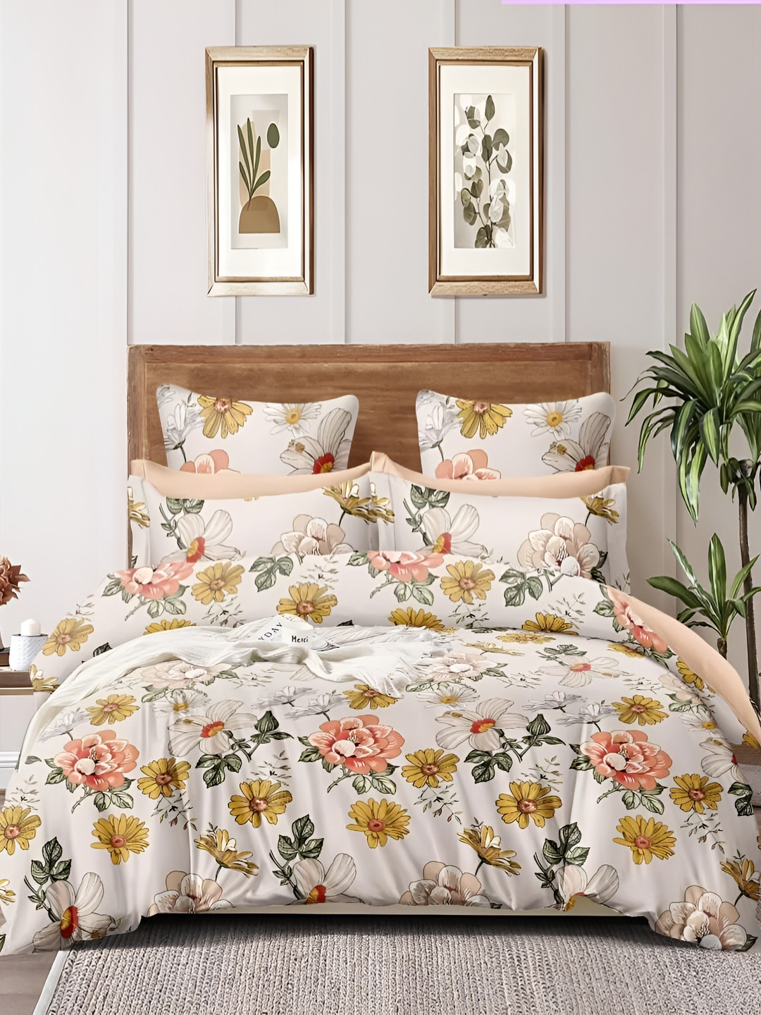 

MallowWorld Red & White Floral Printed 200TC Microfiber King Size Fitted Bed Cover