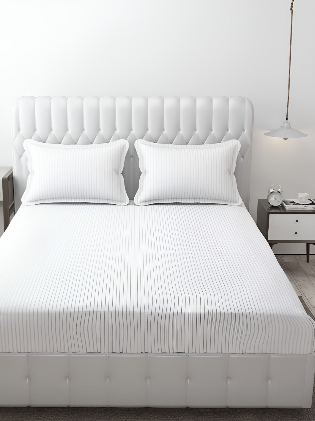 

MallowWorld White Striped 200 TC Fitted Bedsheet With 2 Pillow Covers