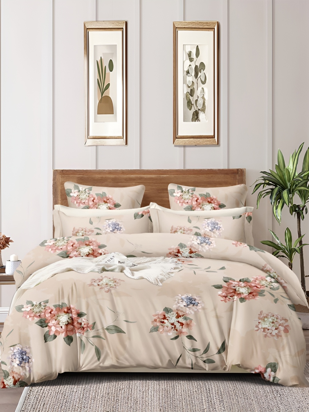 

MallowWorld Red & Beige Floral Printed 200TC Microfiber King Size Fitted Bed Cover
